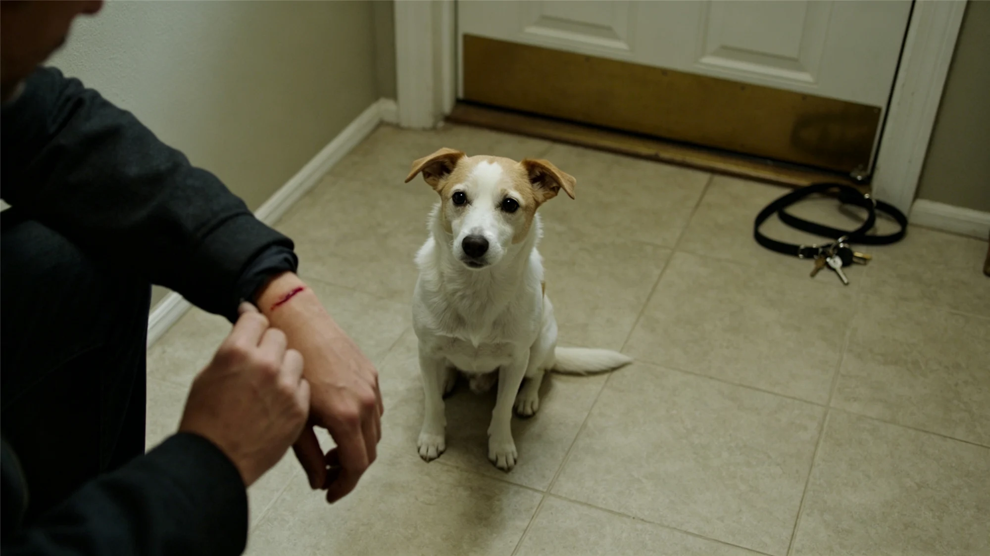 Person examining fresh dog bite wound on forearm with small dog sitting nearby