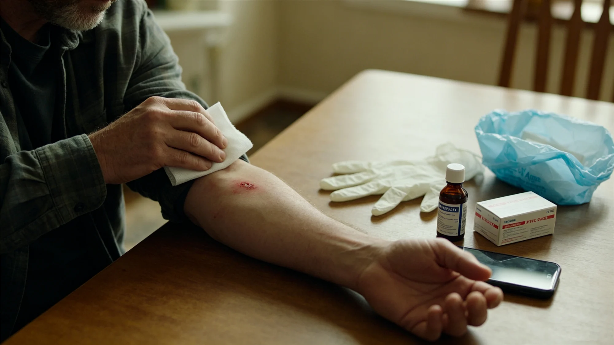 Man cleaning dog bite wound on forearm with gauze pad at home with medical supplies on table