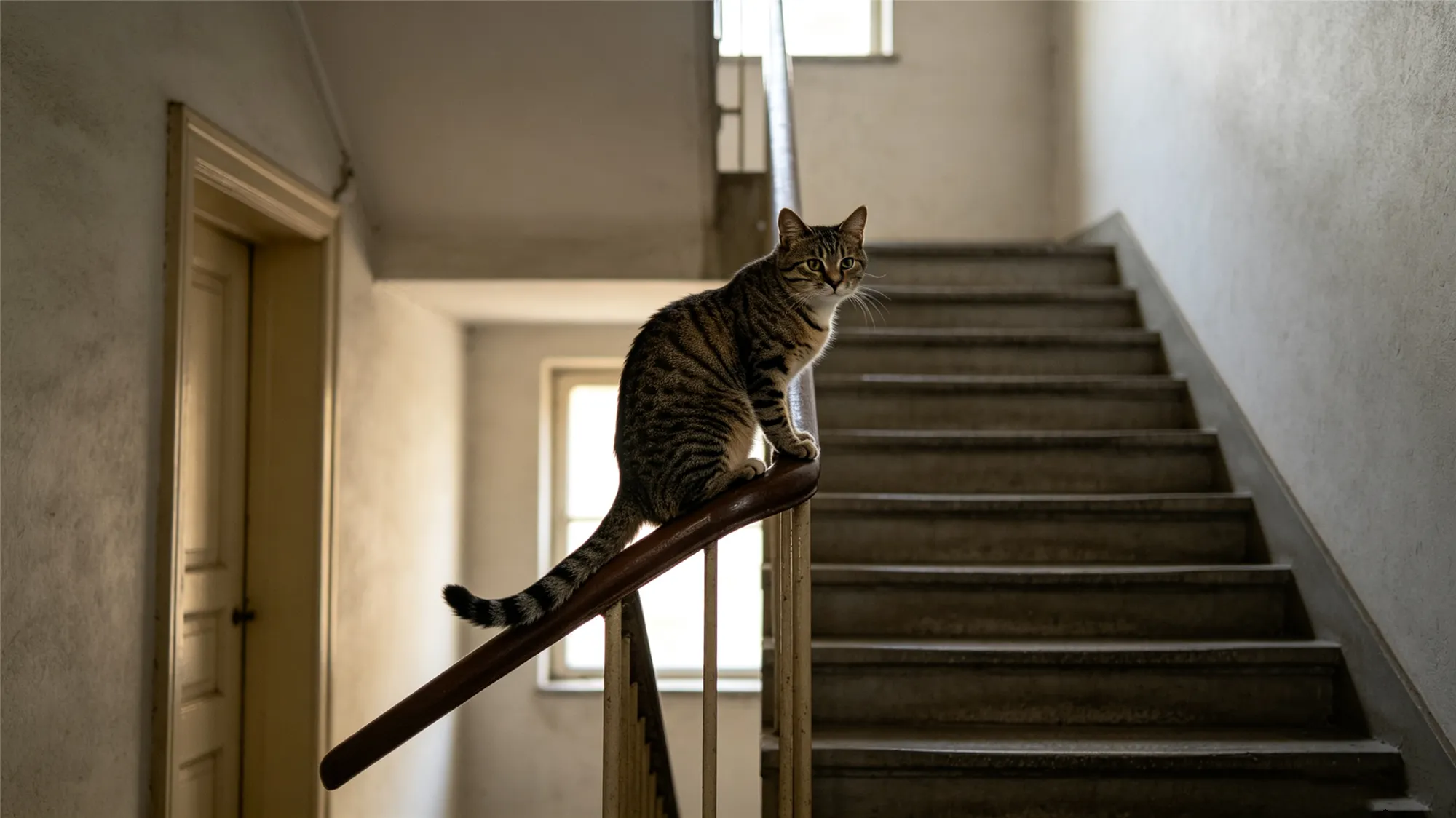 Tabby cat balancing perfectly on narrow wooden stair railing demonstrating feline equilibrium