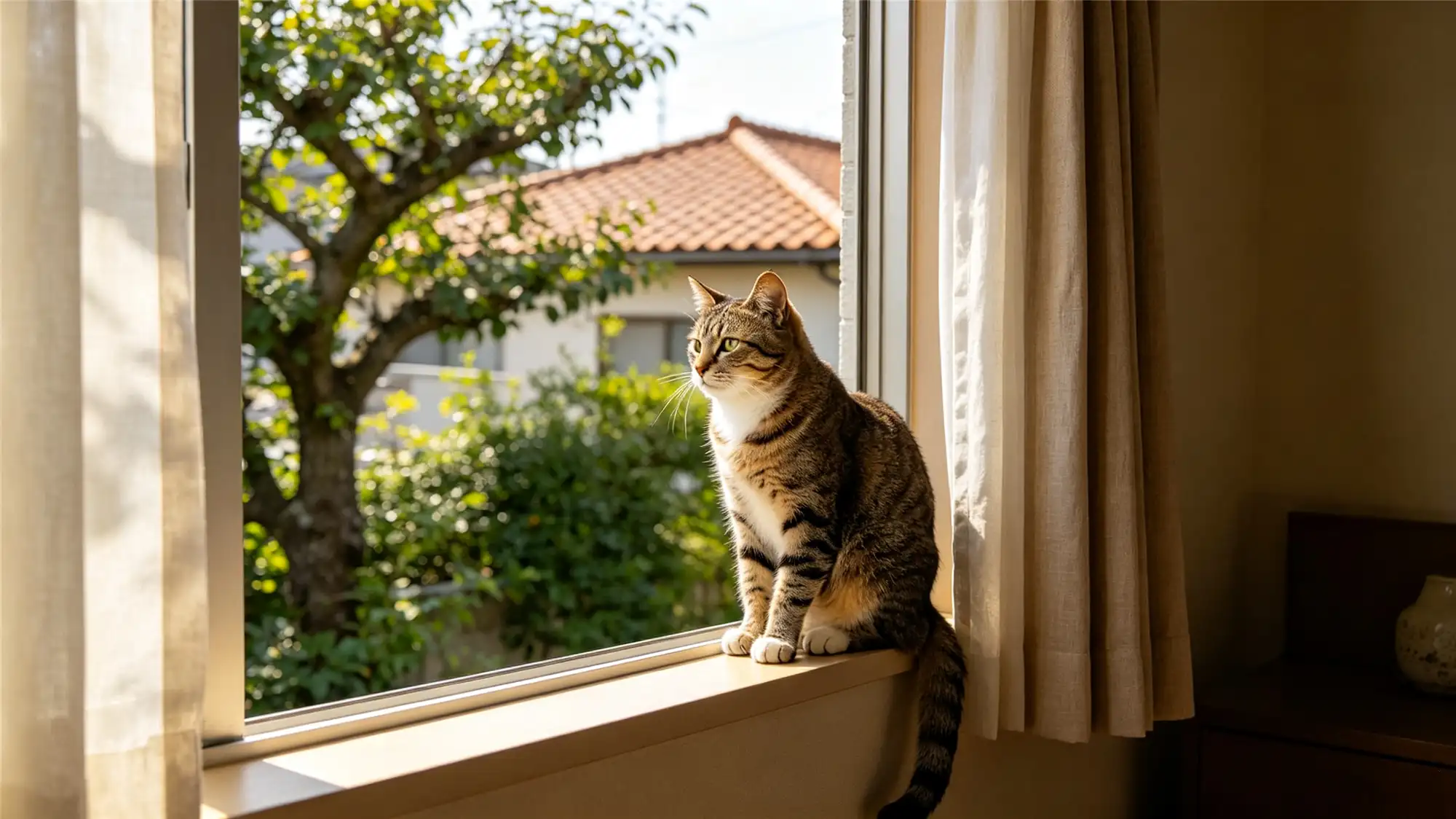 Tabby cat sitting on open window sill looking outside at garden representing potential falling hazard