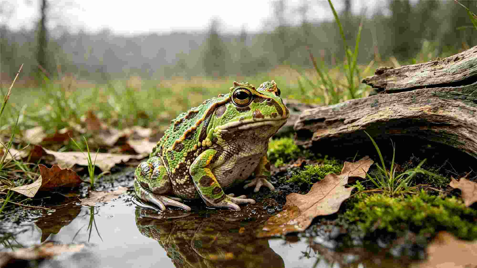 Green frog in natural wetland habitat with leaf litter
