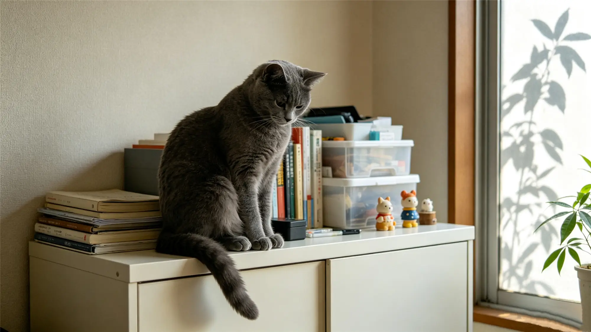 Gray British Shorthair cat sitting on white cabinet near window showing indoor vertical territory