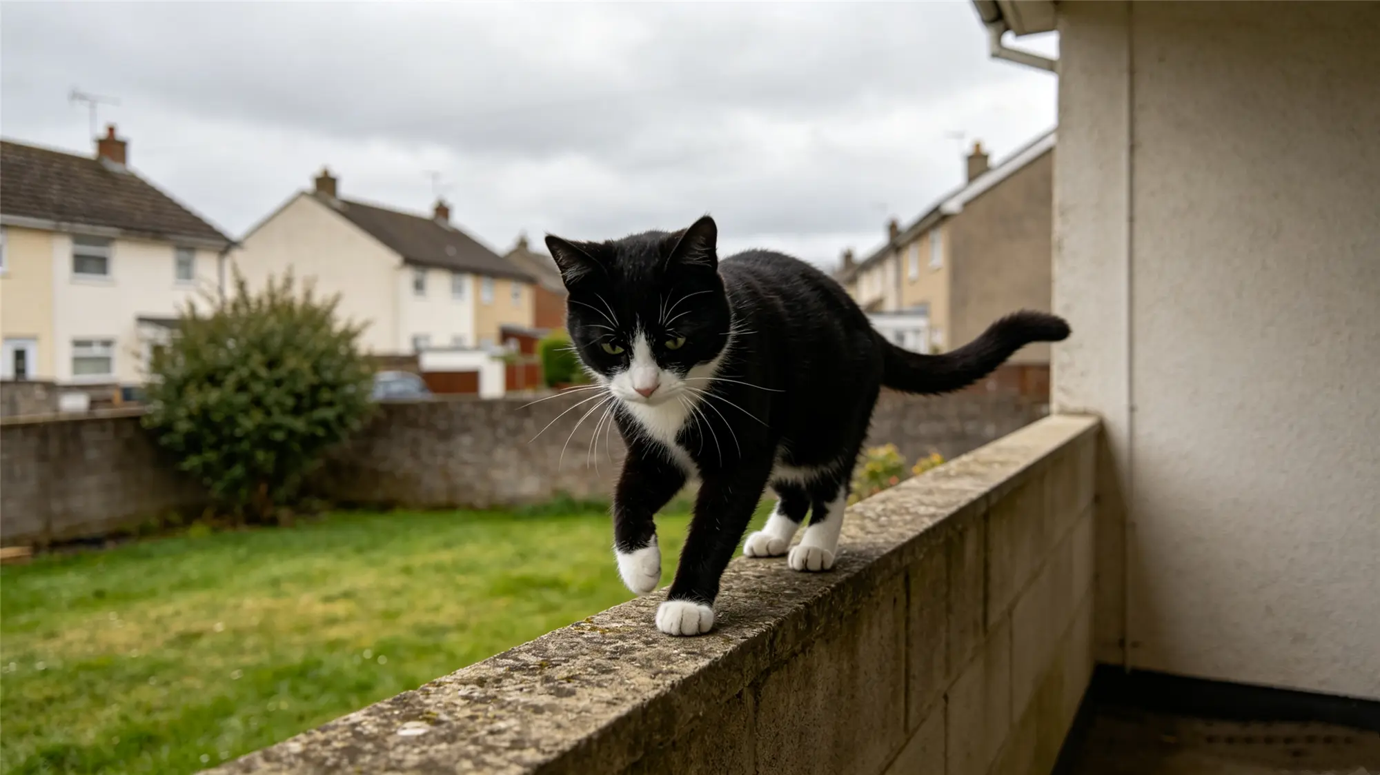 Black and white cat carefully walking on narrow outdoor wall showing natural balance instincts