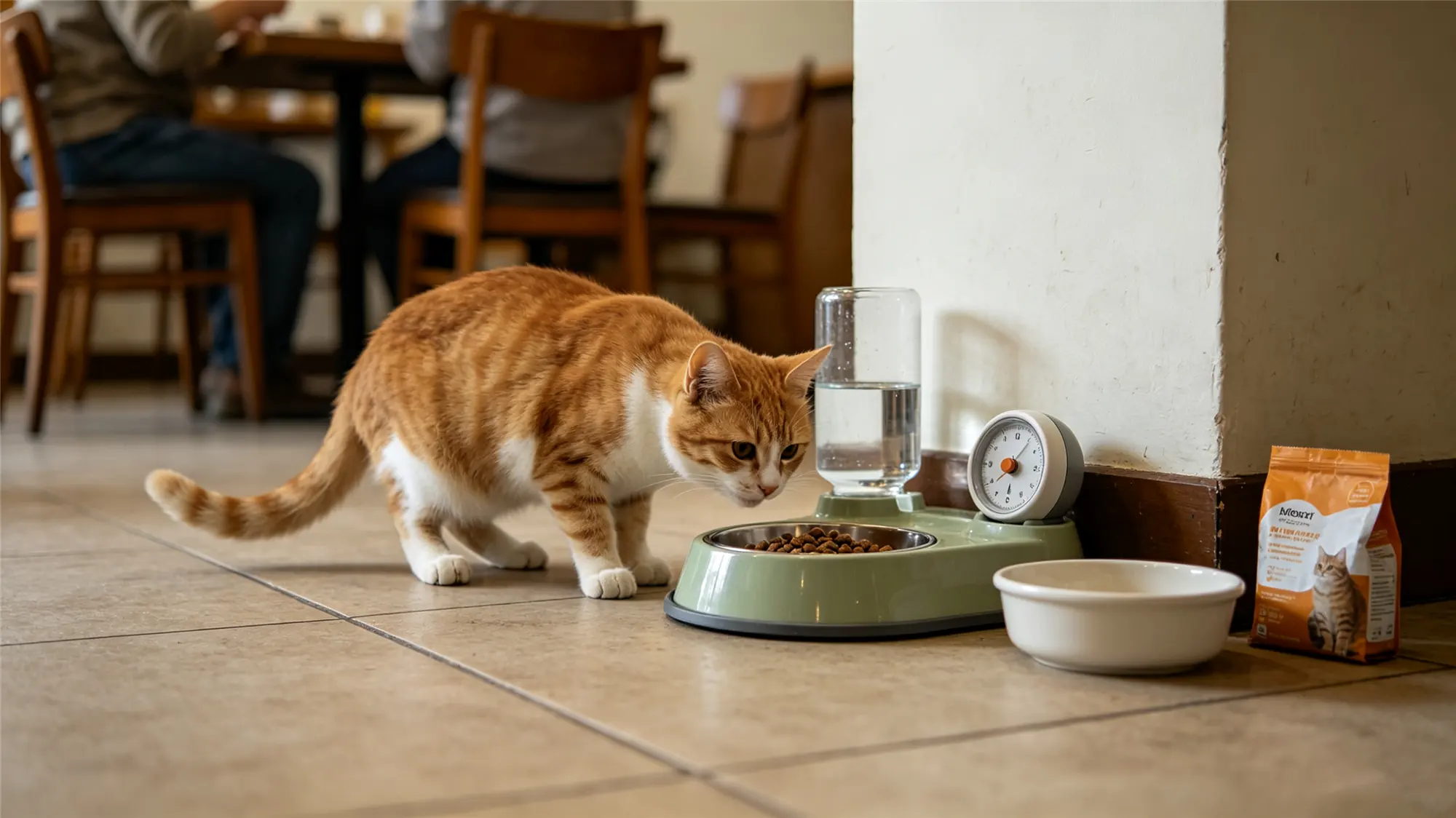 Orange tabby cat cautiously approaching food bowl in quiet dining area