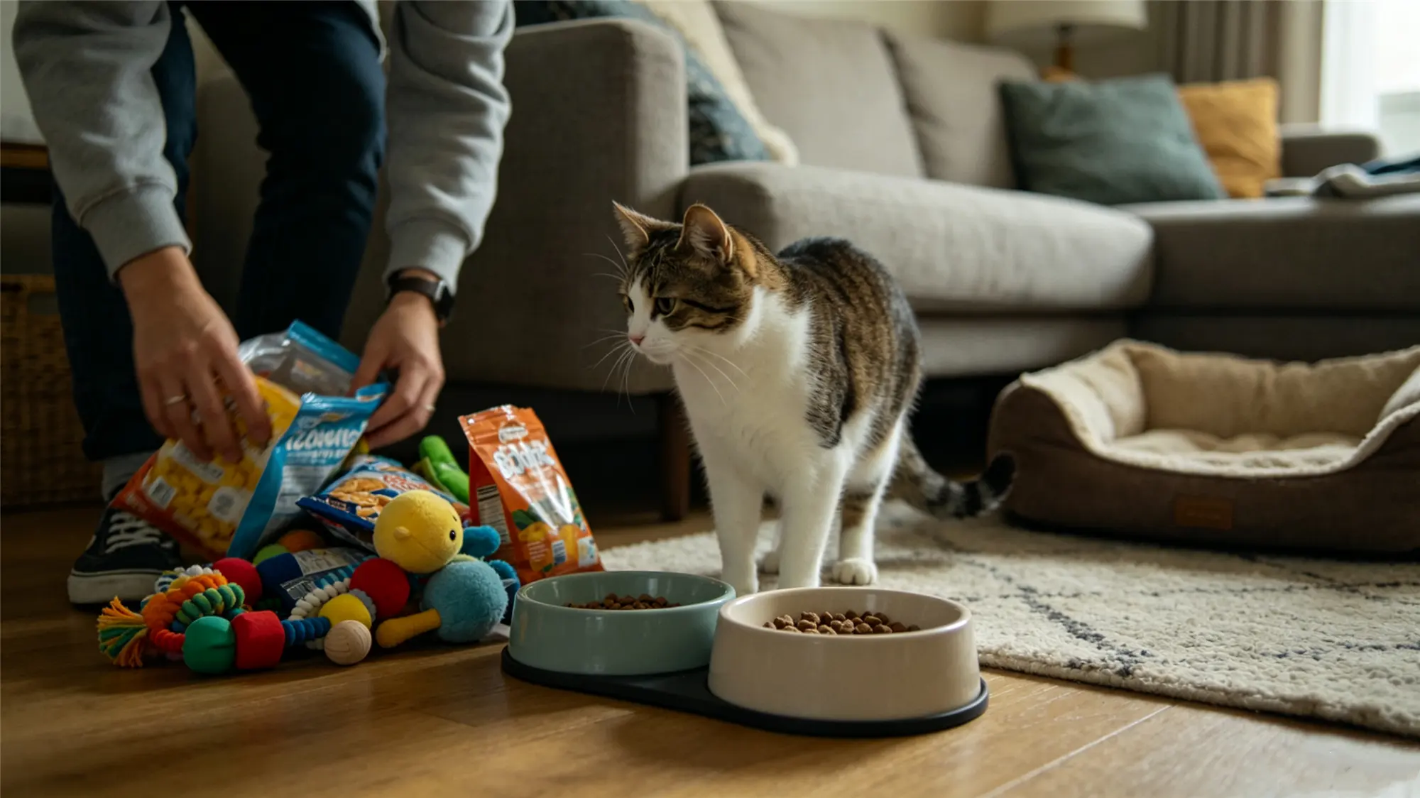 Cat owner organizing multiple snack bags and treats on floor with cat watching