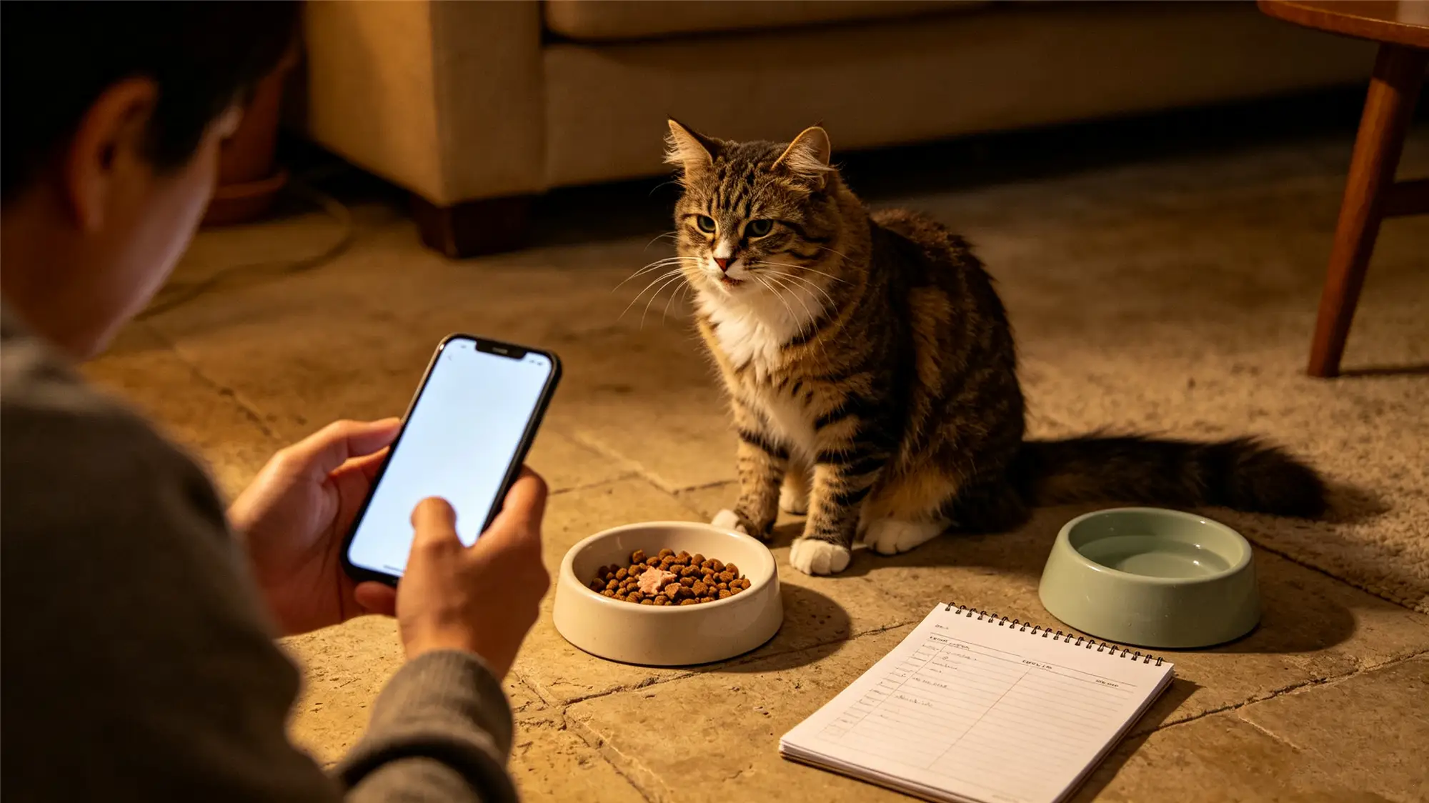 Cat owner using smartphone to track feeding schedule while cat waits by food bowl