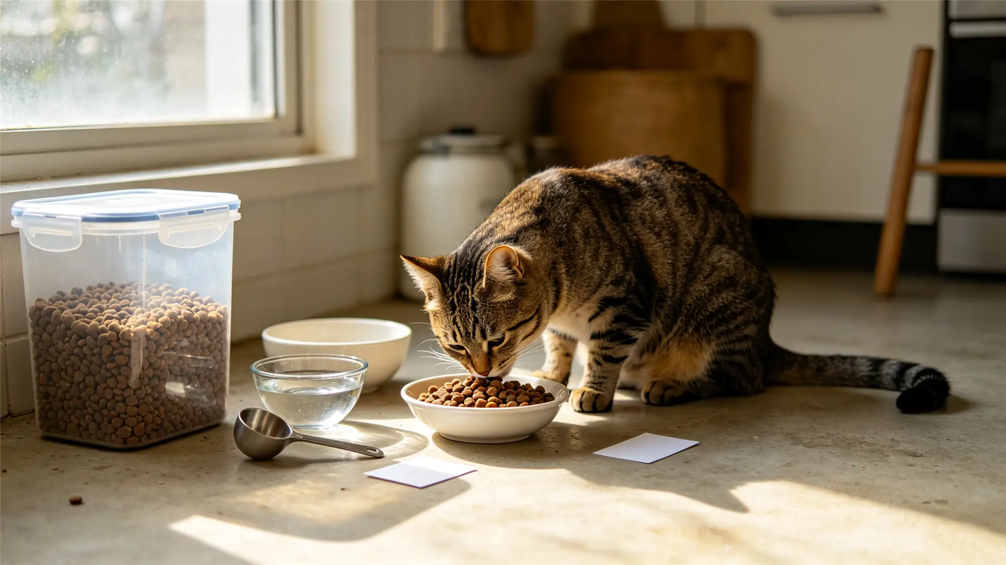 Tabby cat eating happily from bowl in sunny kitchen with food storage container nearby