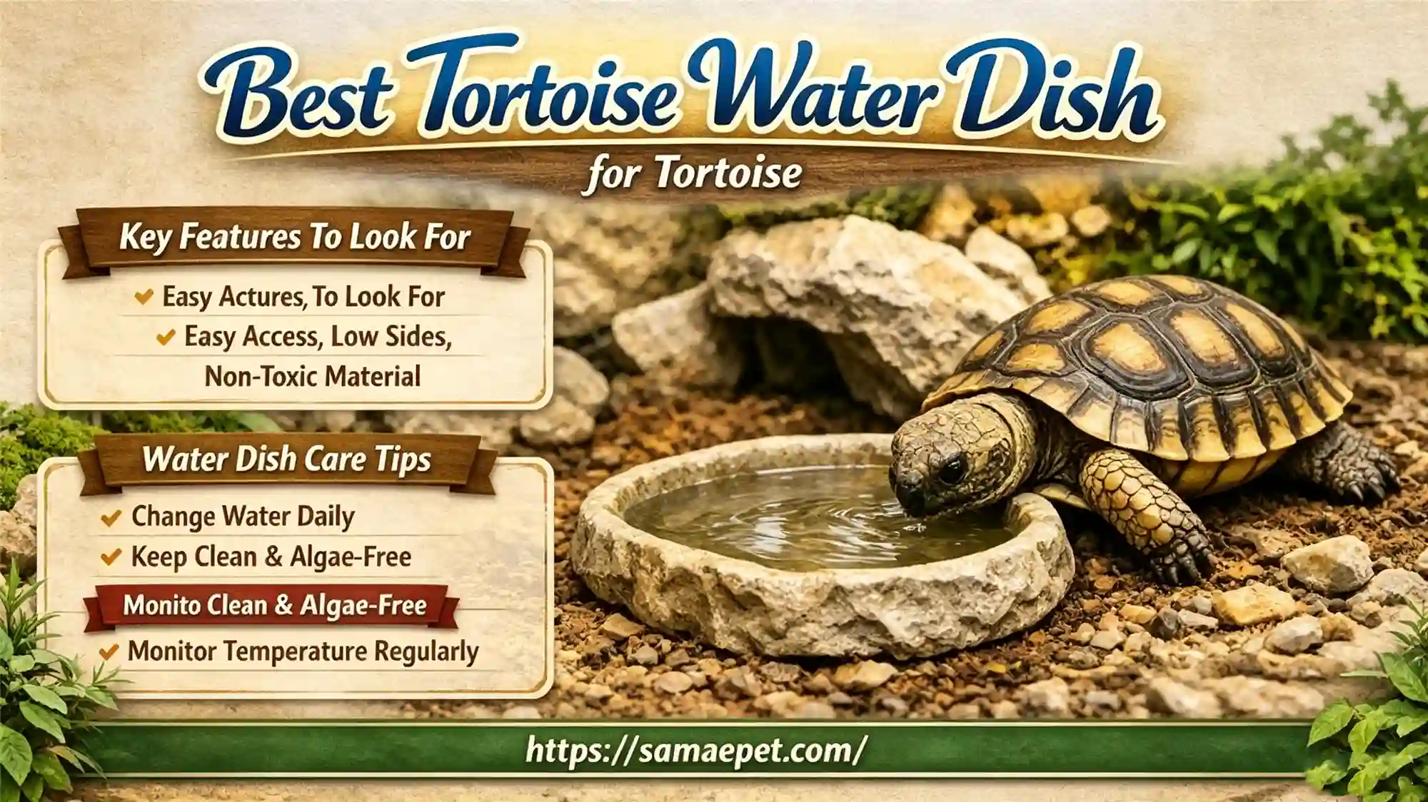 Tortoise drinking from shallow stone water dish showing key features and care tips