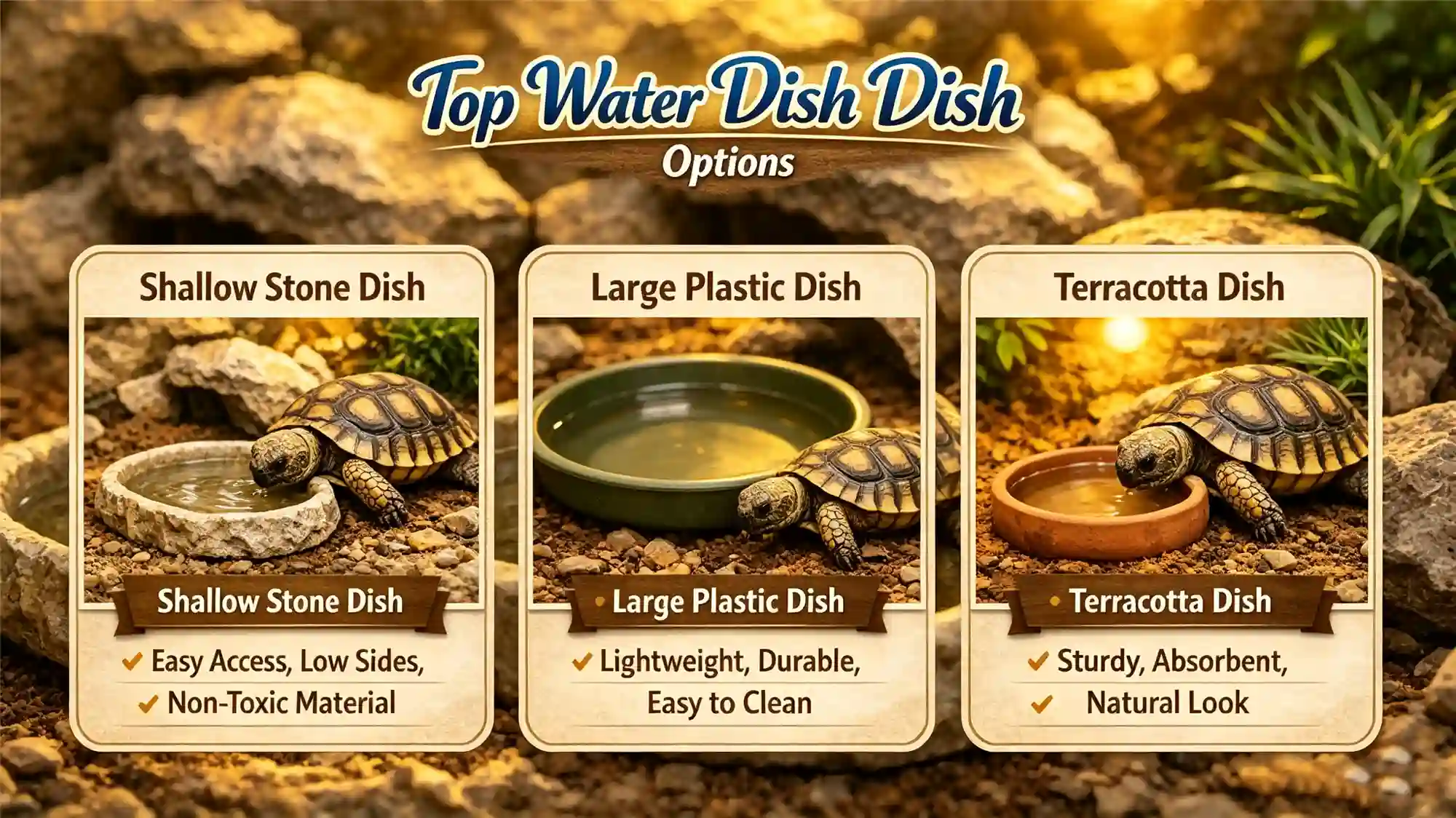 Comparison of three tortoise water dish types: stone, plastic, and terracotta