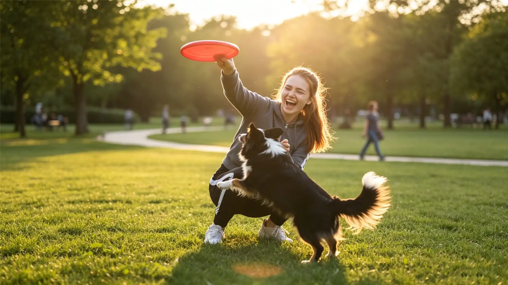 Young woman playing frisbee with Border Collie dog in sunset park setting
