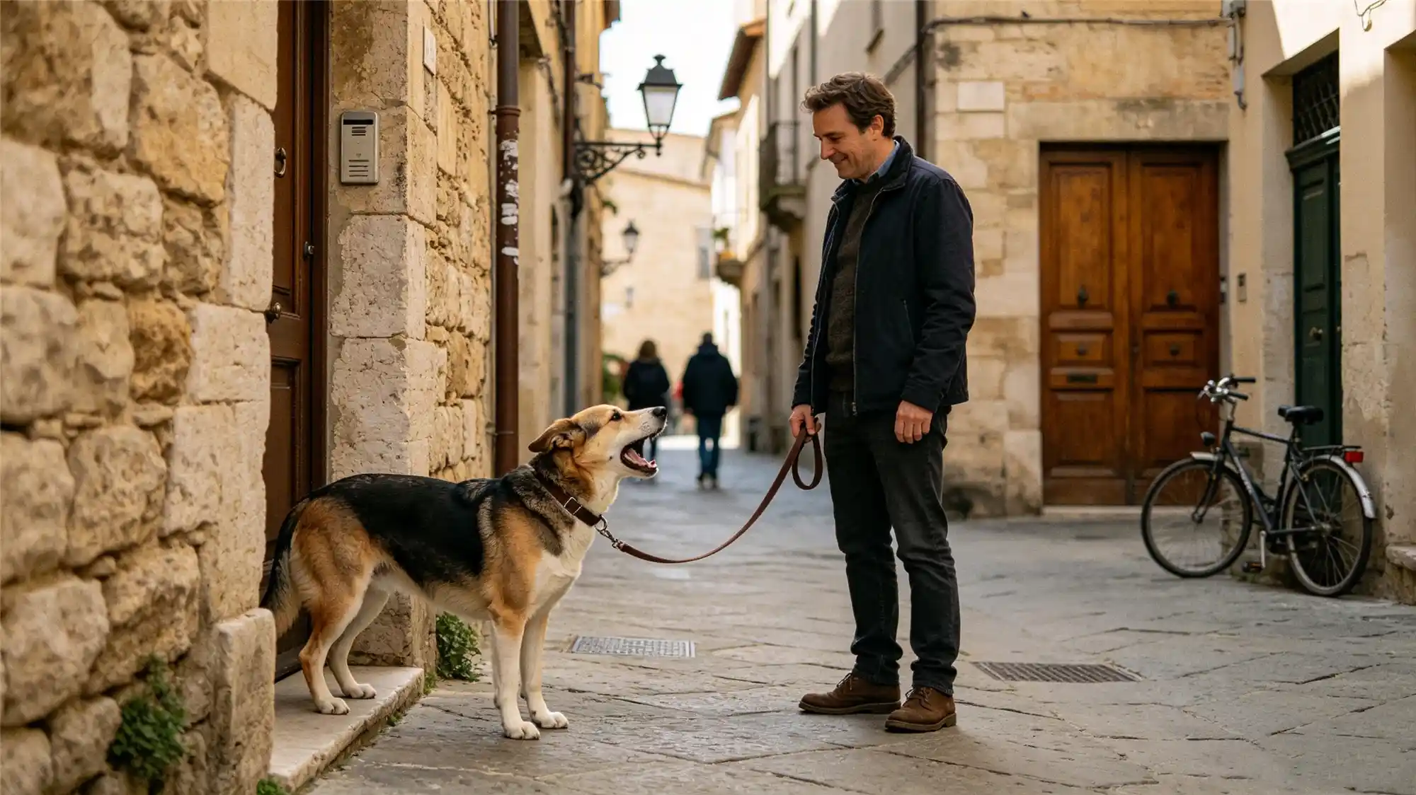 Dog barking at owner on narrow European street while on leash