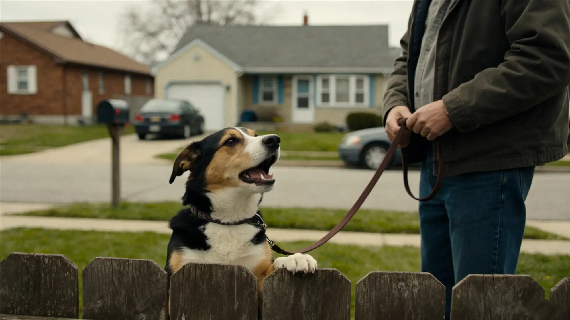 Dog barking over wooden fence at owner in suburban neighborhood