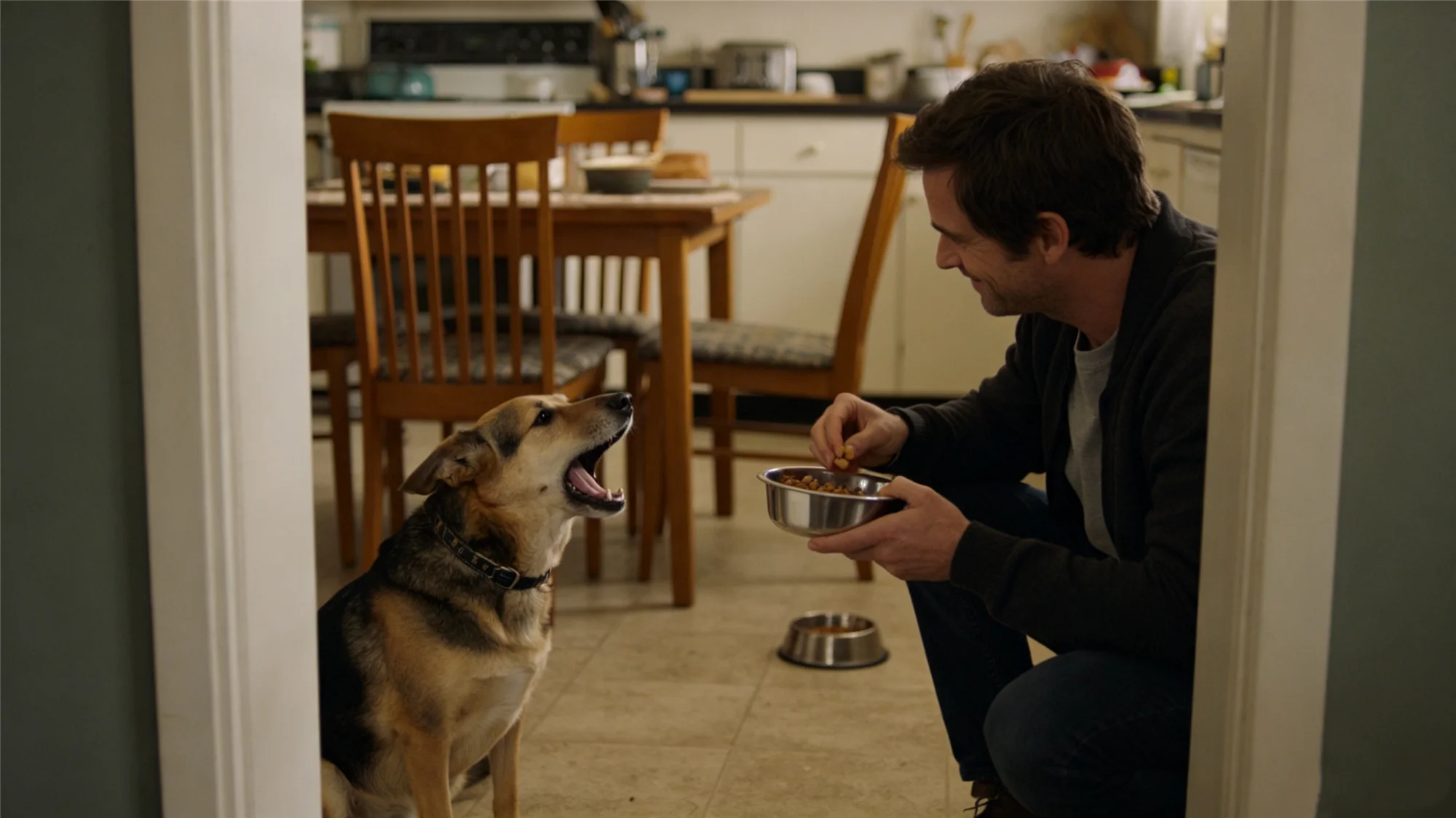 Owner feeding dog in kitchen doorway while managing barking behavior