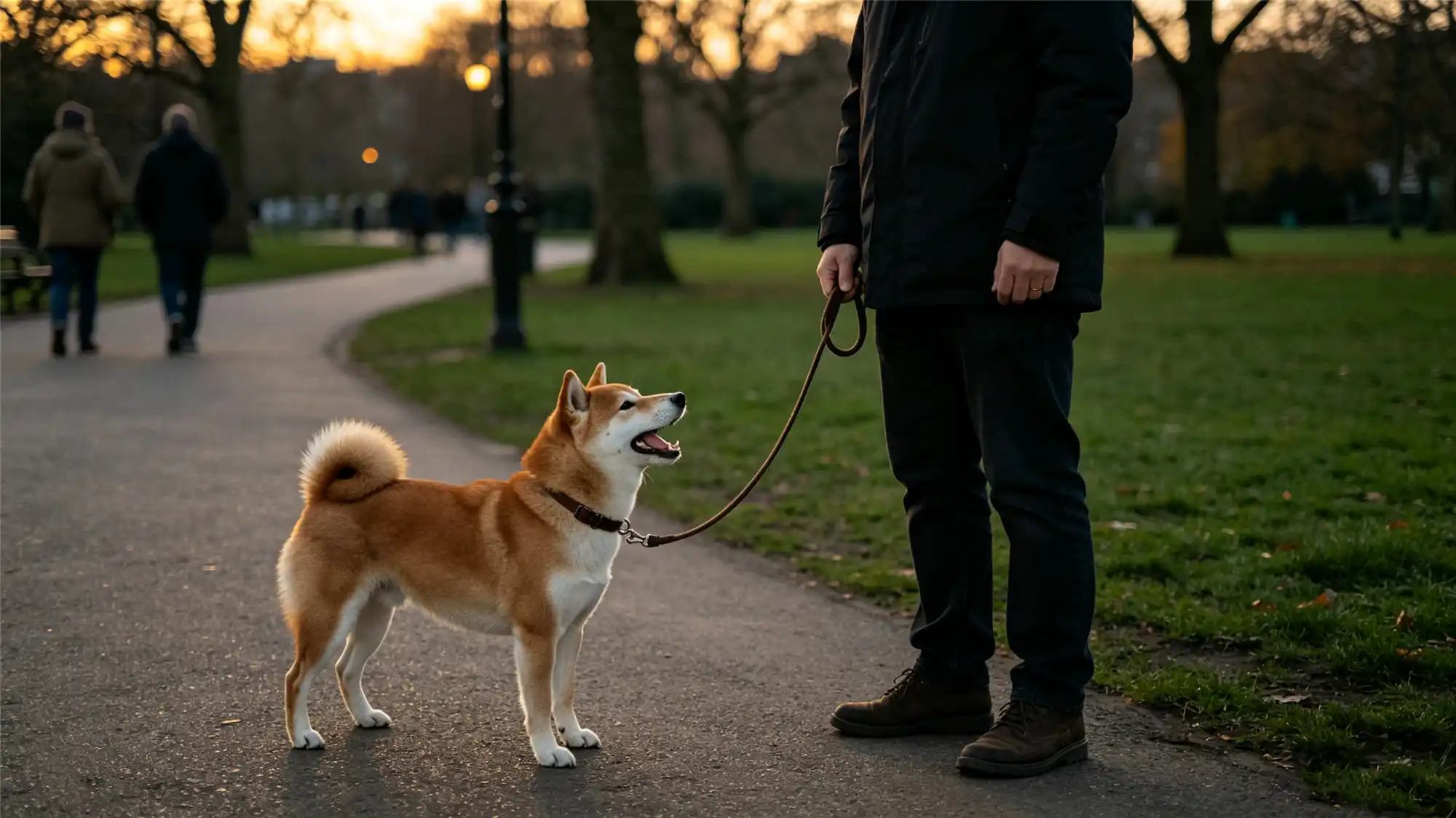 Shiba Inu dog barking at owner during evening walk in park