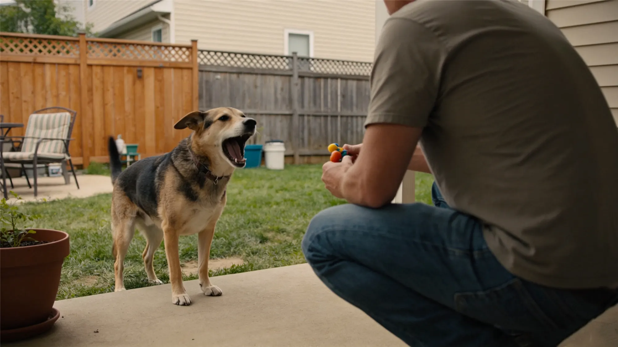Owner training dog with toys in backyard while dog barks excitedly
