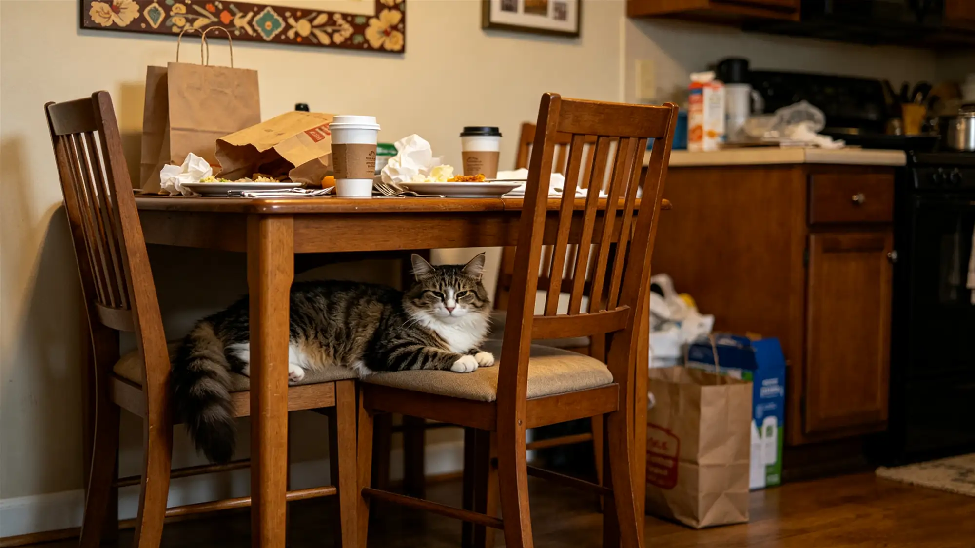 Fluffy tabby cat lounging under dining table near breakfast items