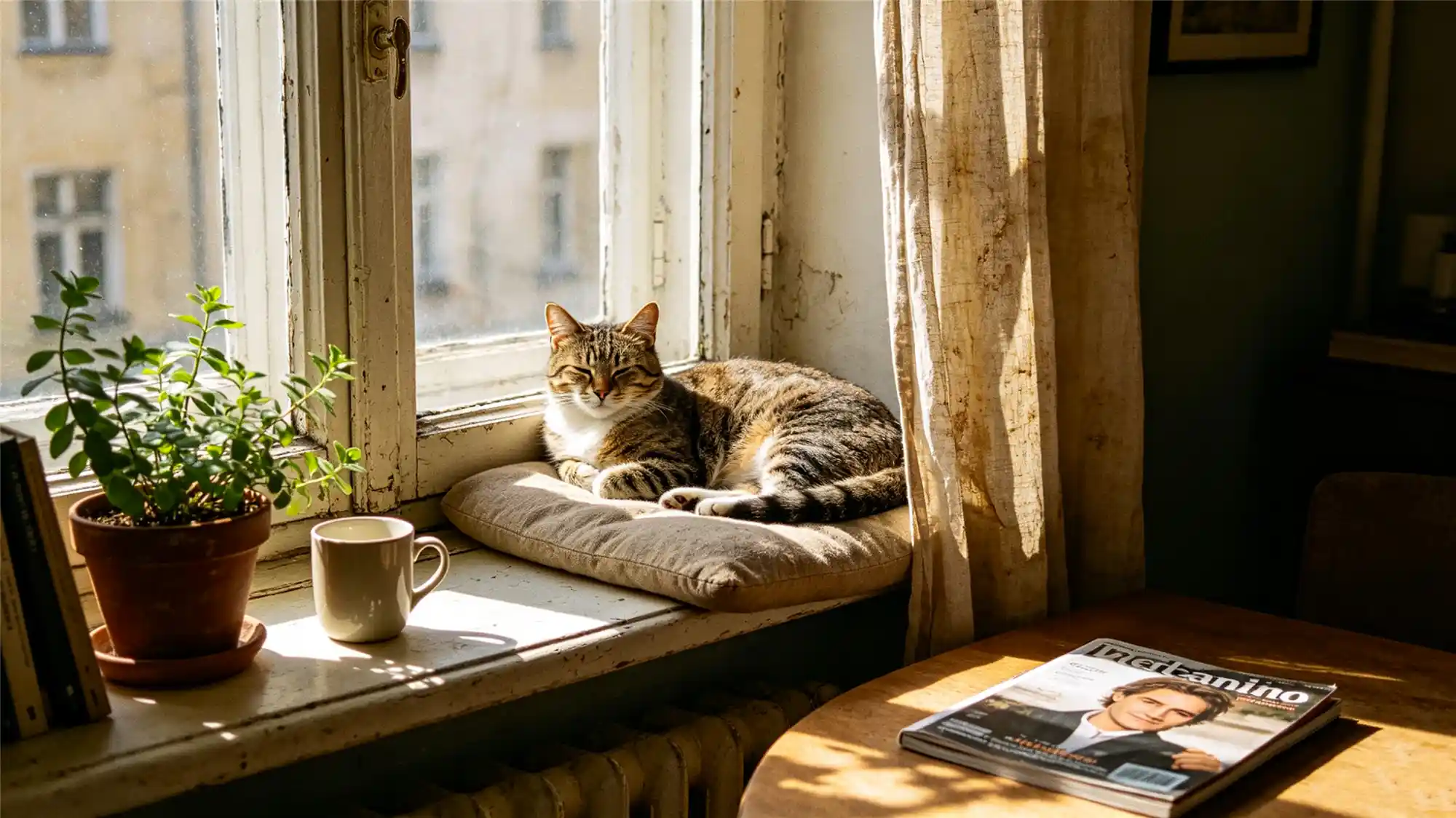 Tabby cat resting peacefully on sunny windowsill with houseplant