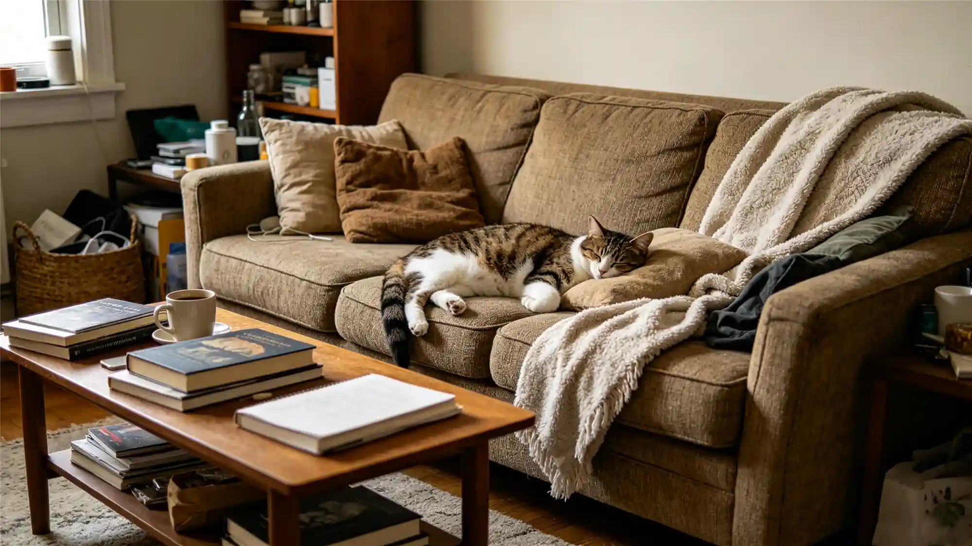 Tabby cat sleeping comfortably on brown sofa with books and coffee table