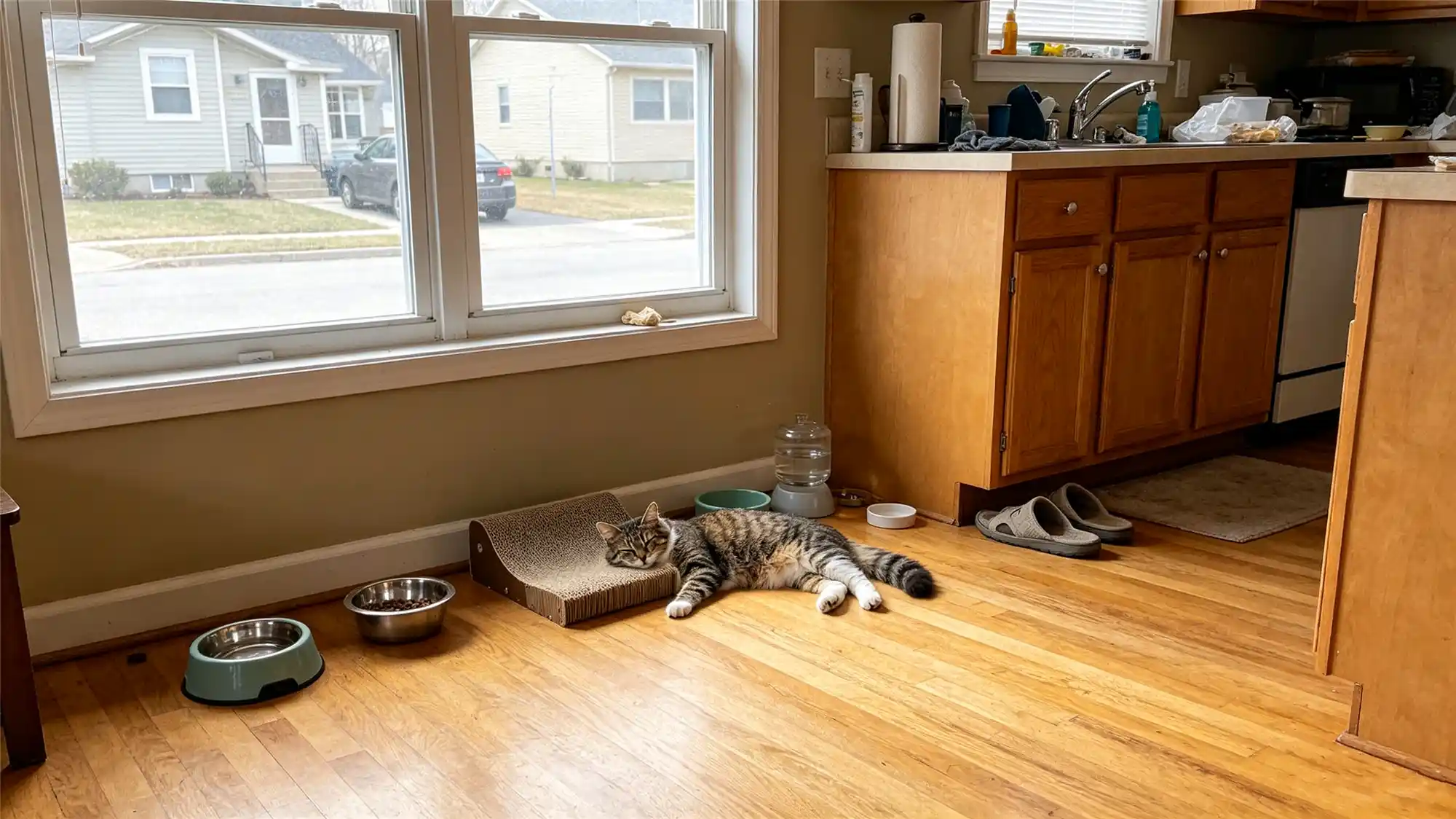 Tabby cat stretching on hardwood kitchen floor near food bowls