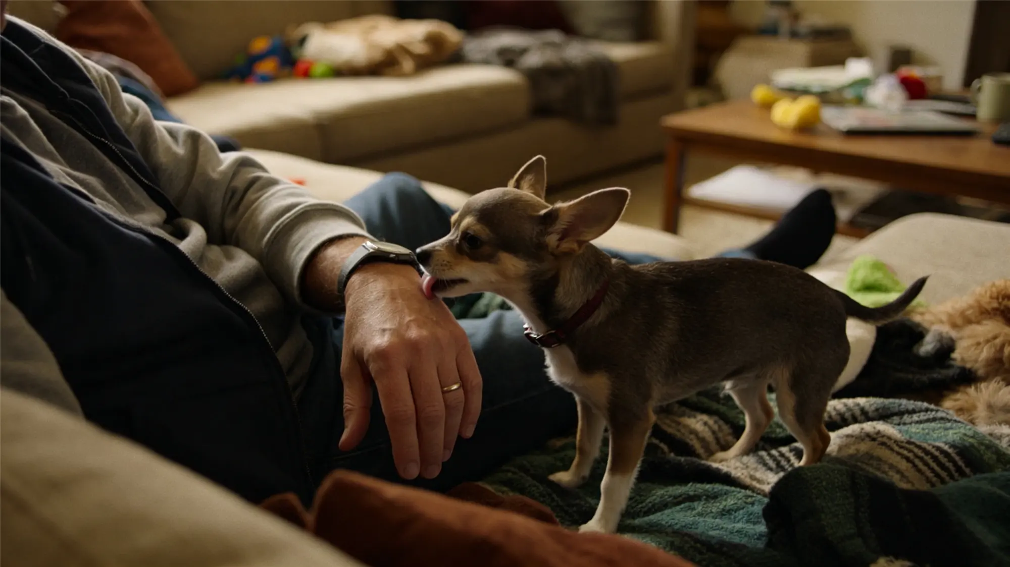 Small dog licking owner's hand on couch showing affection