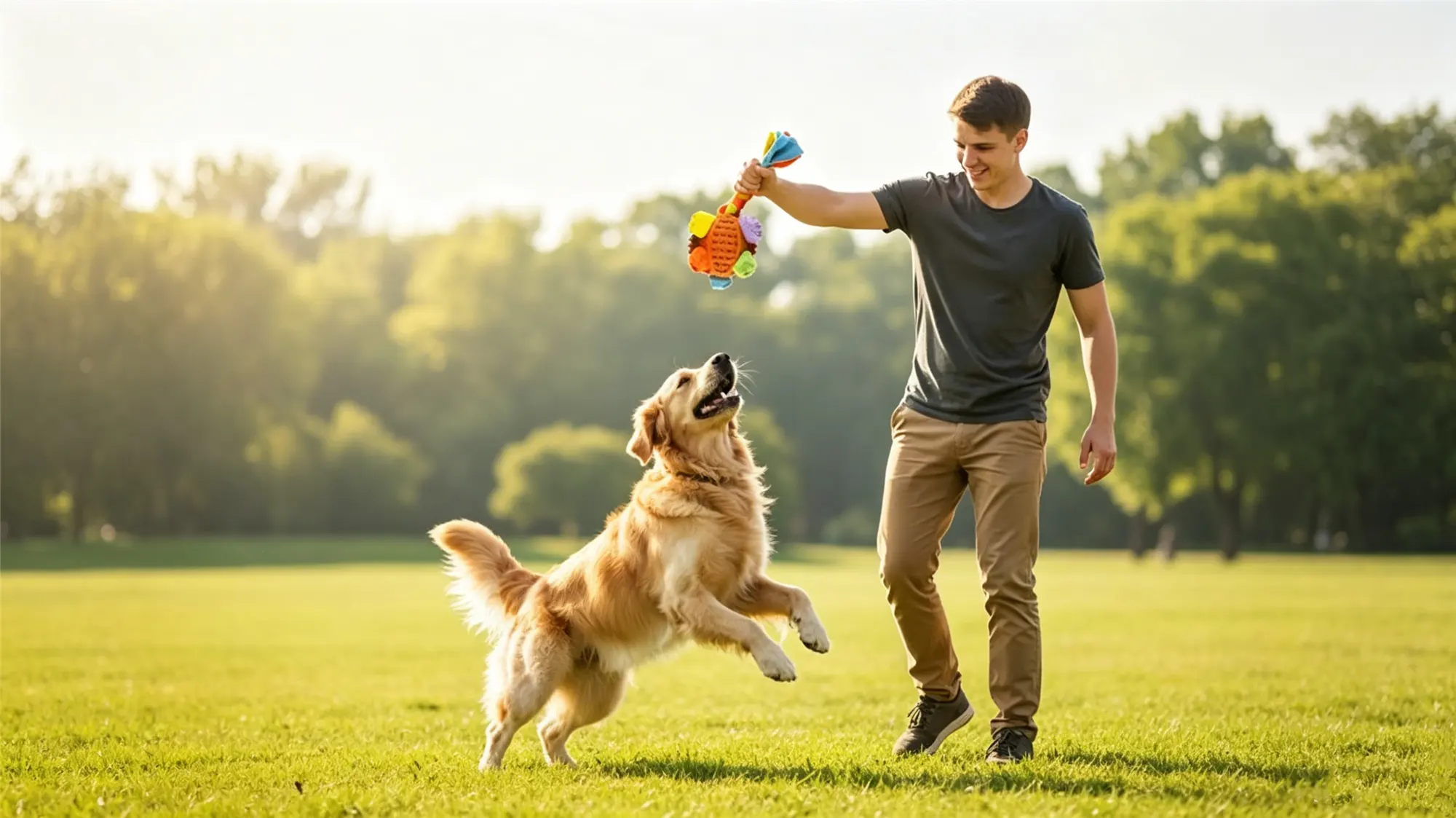 Man playing with Golden Retriever using colorful toy in sunny green park