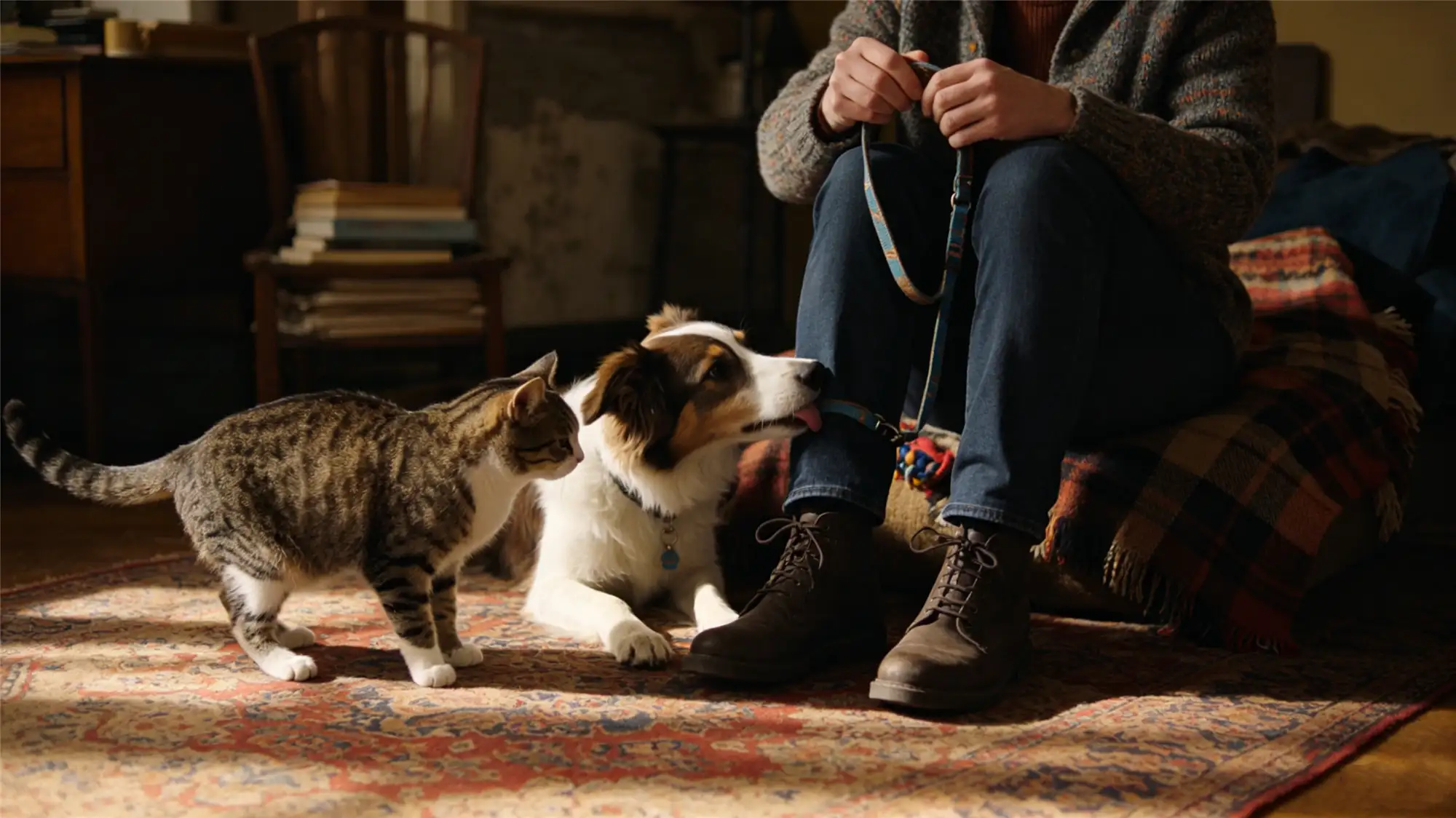 Dog and cat together with owner showing different licking behaviors