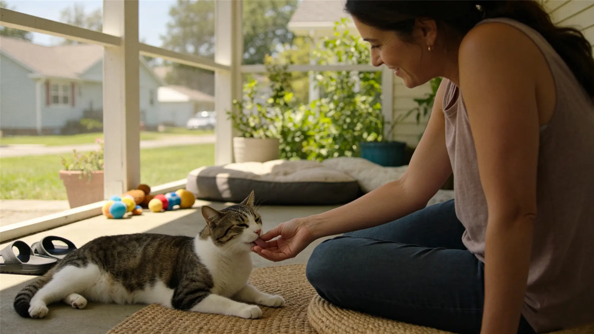 Tabby cat licking owner's finger on sunny porch