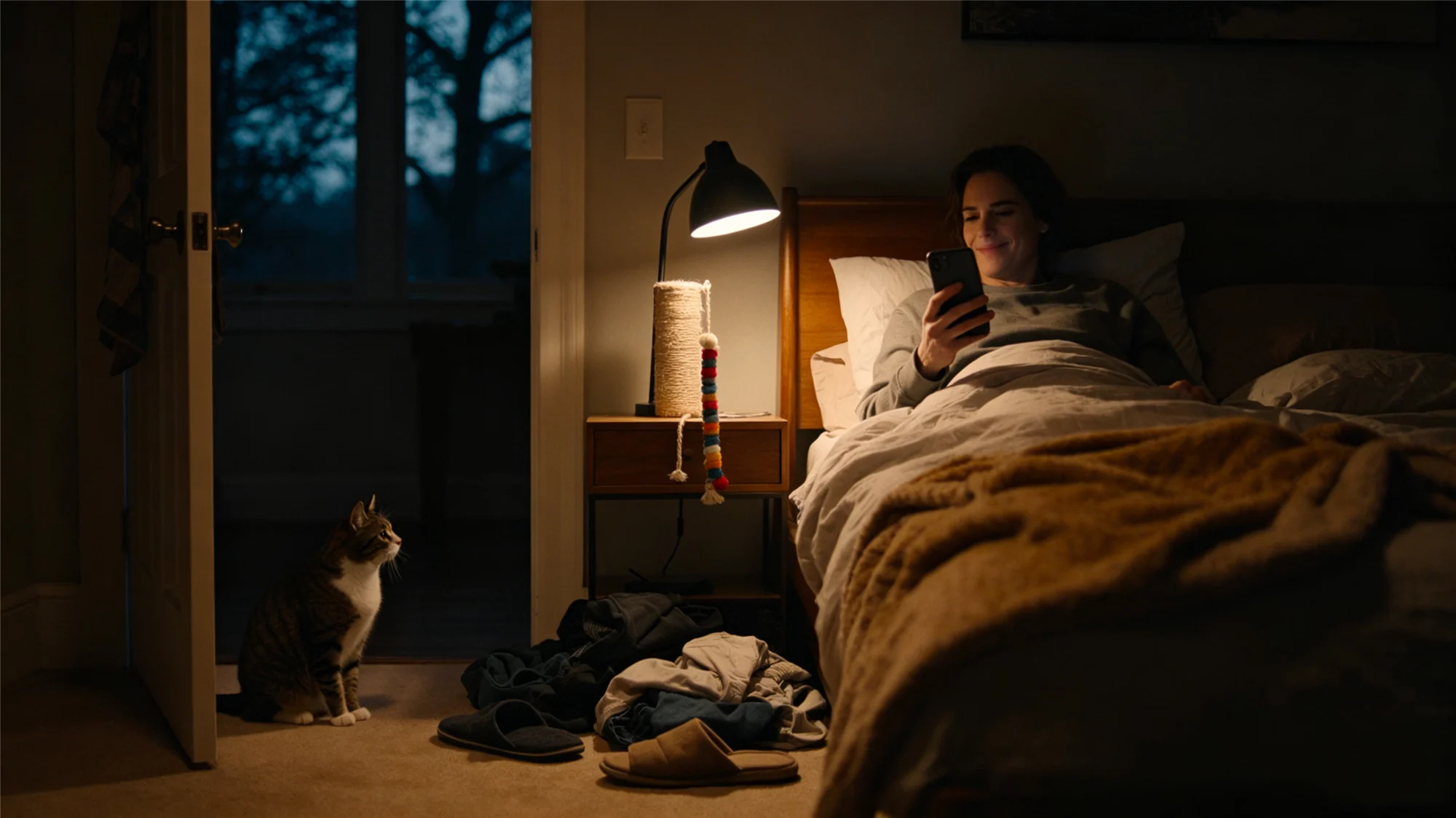 Cat staring at owner using phone in bed at night
