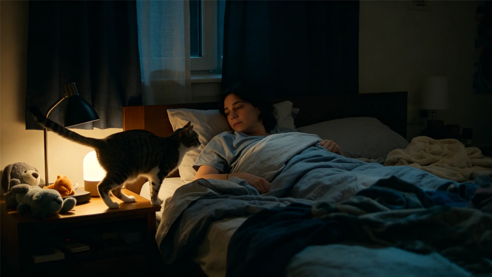 Cat walking on nightstand trying to wake sleeping owner