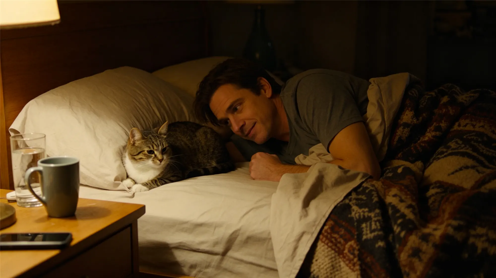 Cat and owner peacefully sleeping together in bed