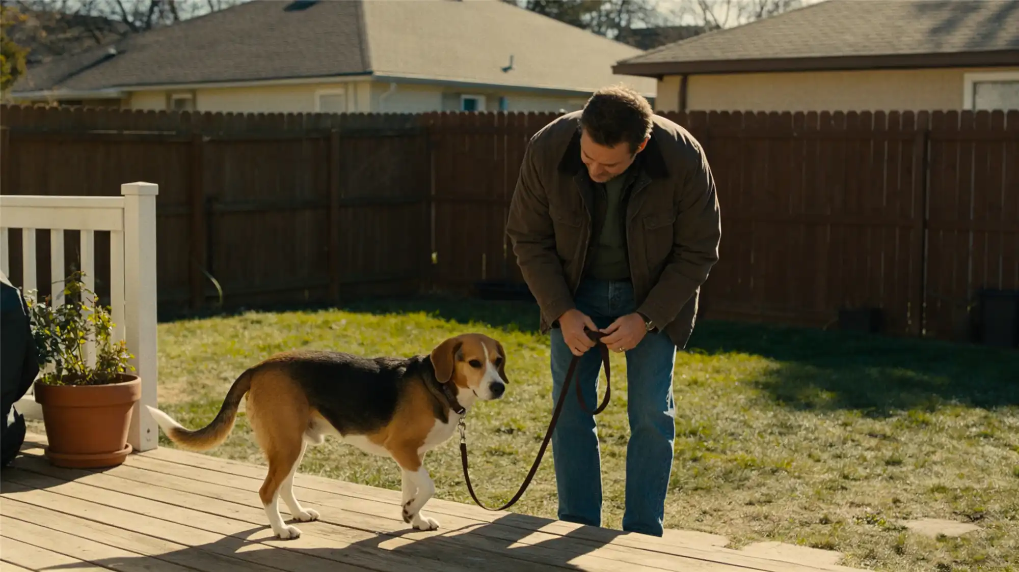 Owner checking dog's paws outdoors