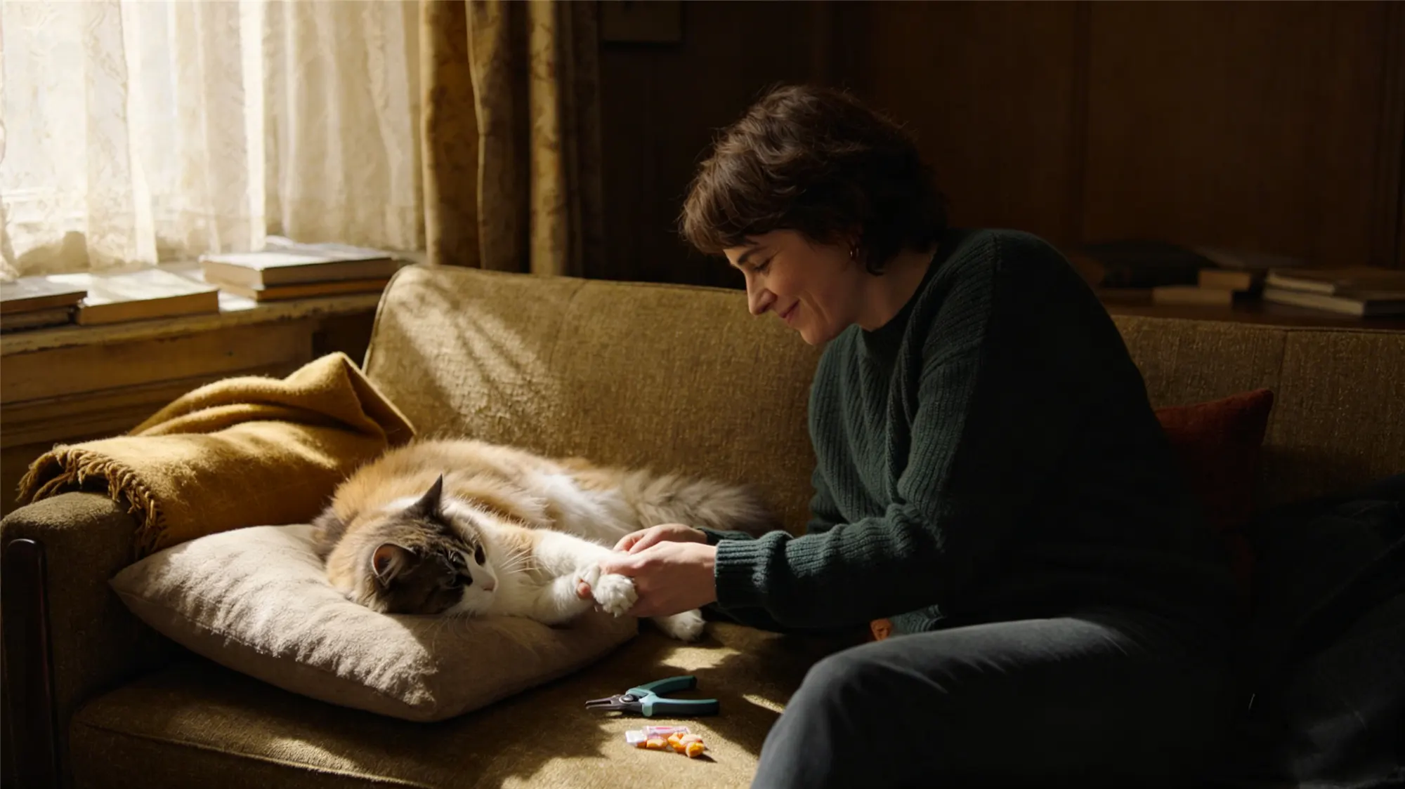 Calm cat having nails trimmed on couch