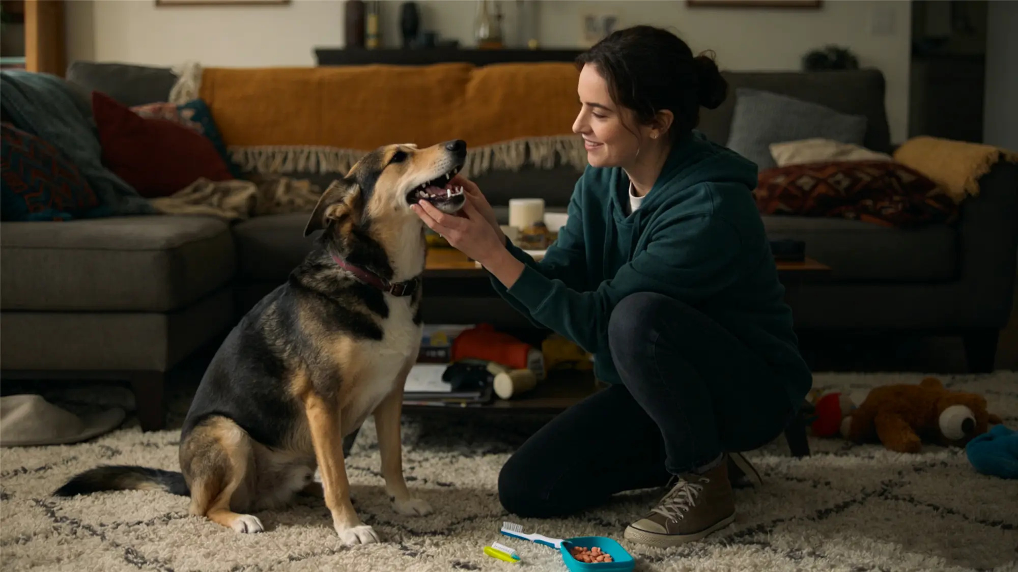 Woman examining dog's teeth during home dental care routine