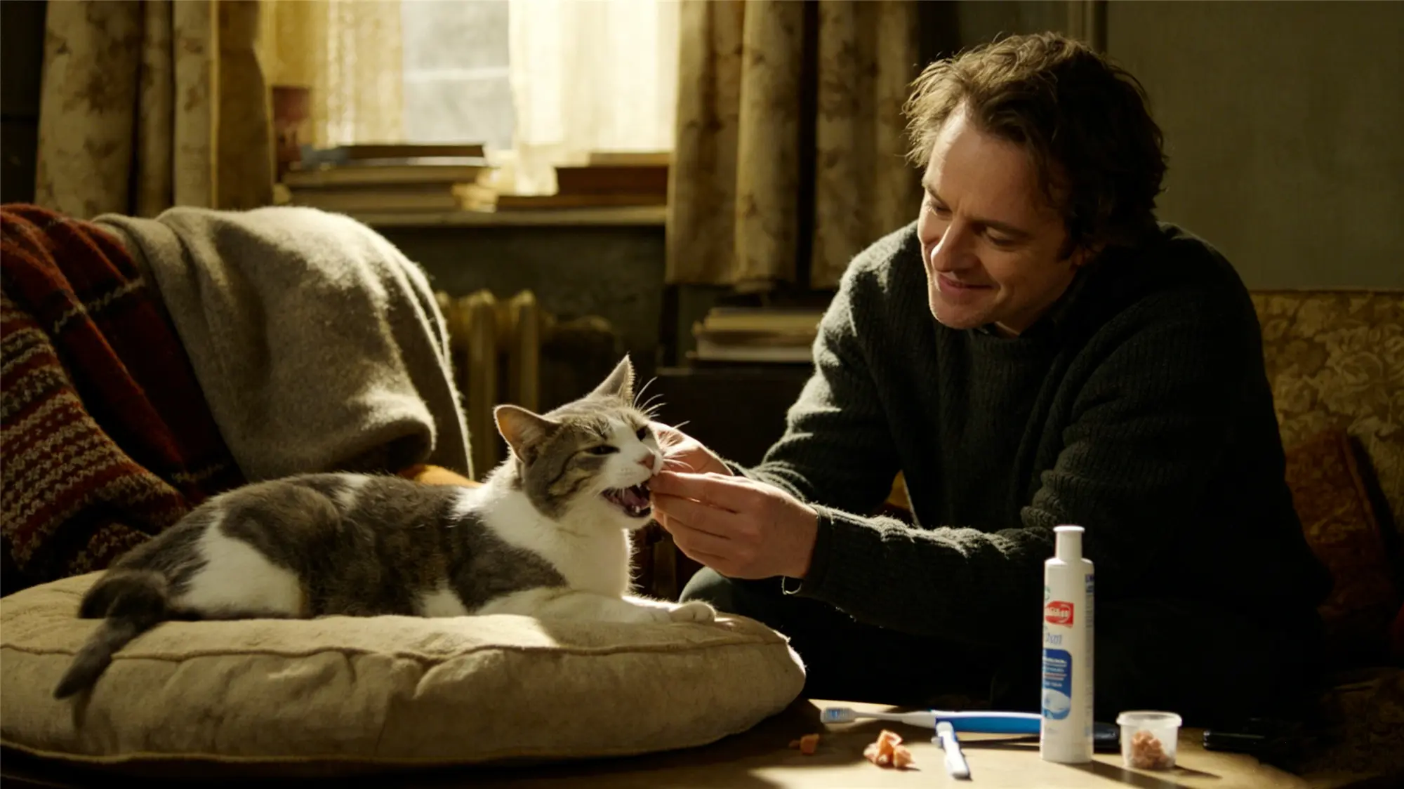Man gently administering dental care to relaxed cat on cushion