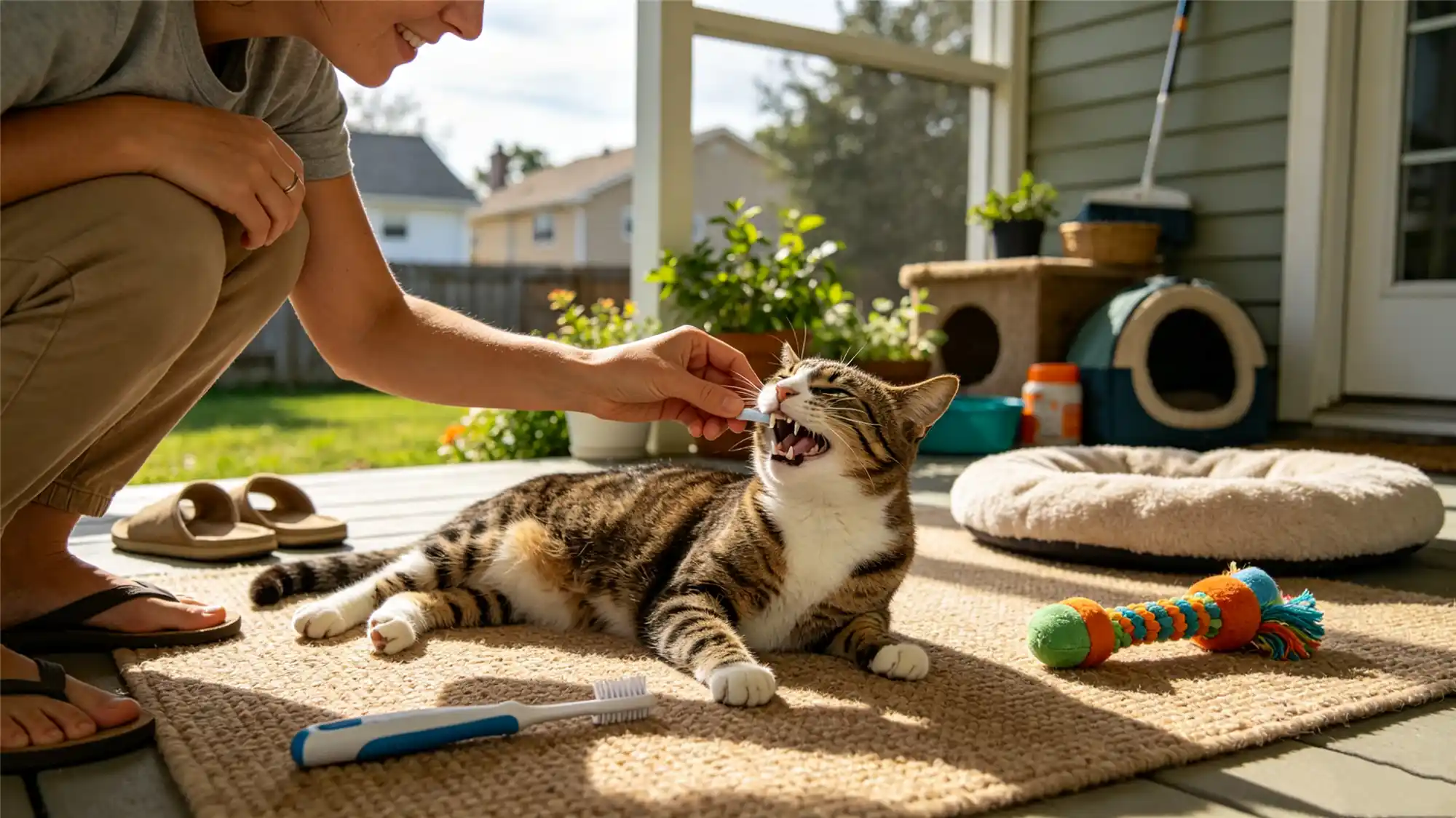 Cat enjoying dental treat outdoors during positive reinforcement training