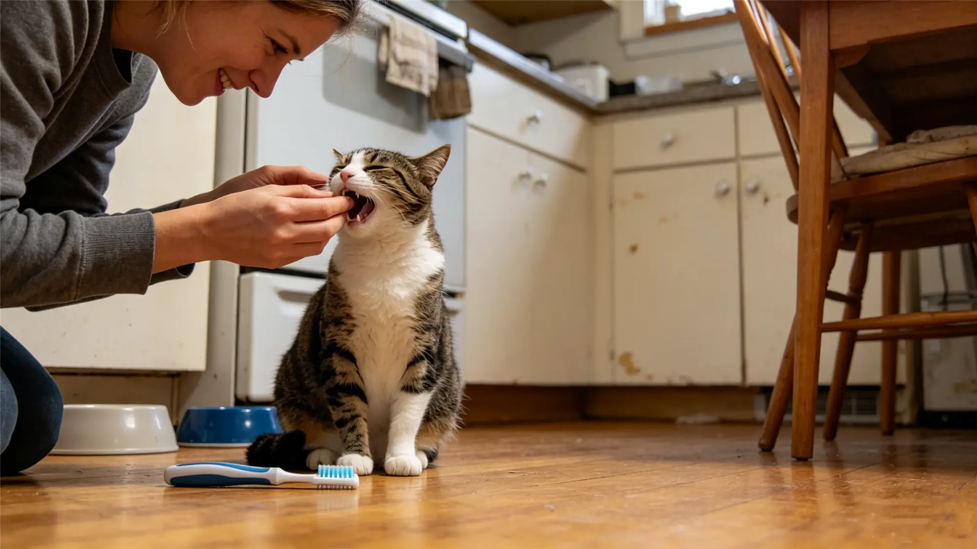 Daily dental care routine for tabby cat in home kitchen setting