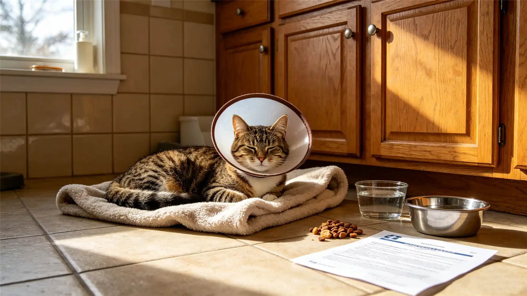 Cat wearing Elizabethan collar recovering at home after neutering surgery