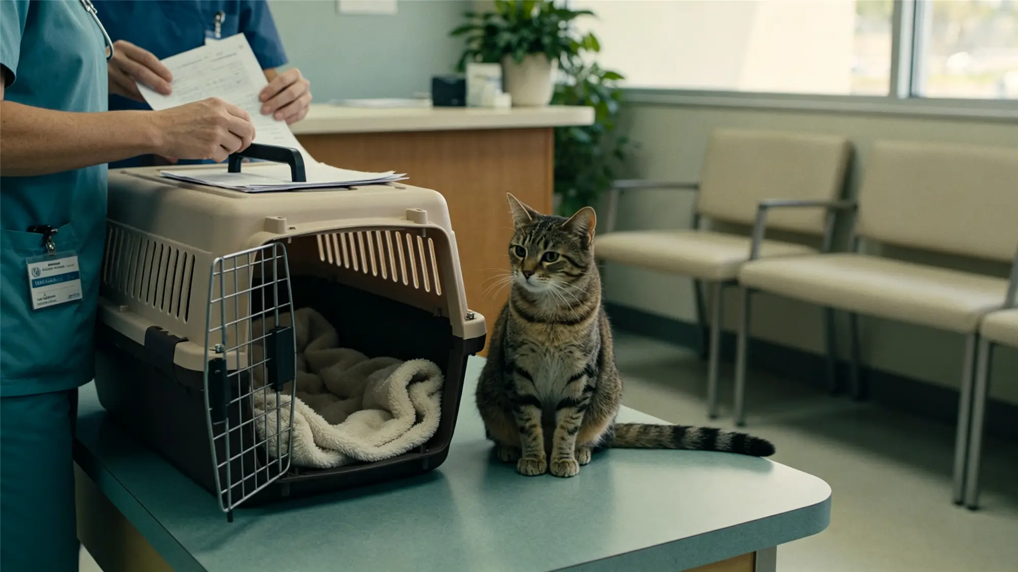 Cat at veterinary clinic with carrier preparing for neutering surgery