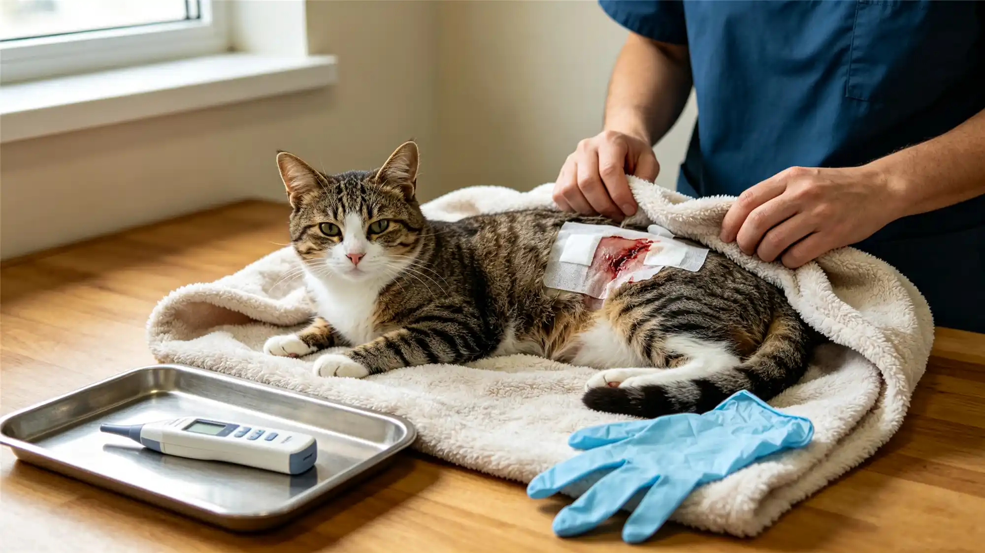 Veterinarian examining cat's surgical incision during post-neutering checkup