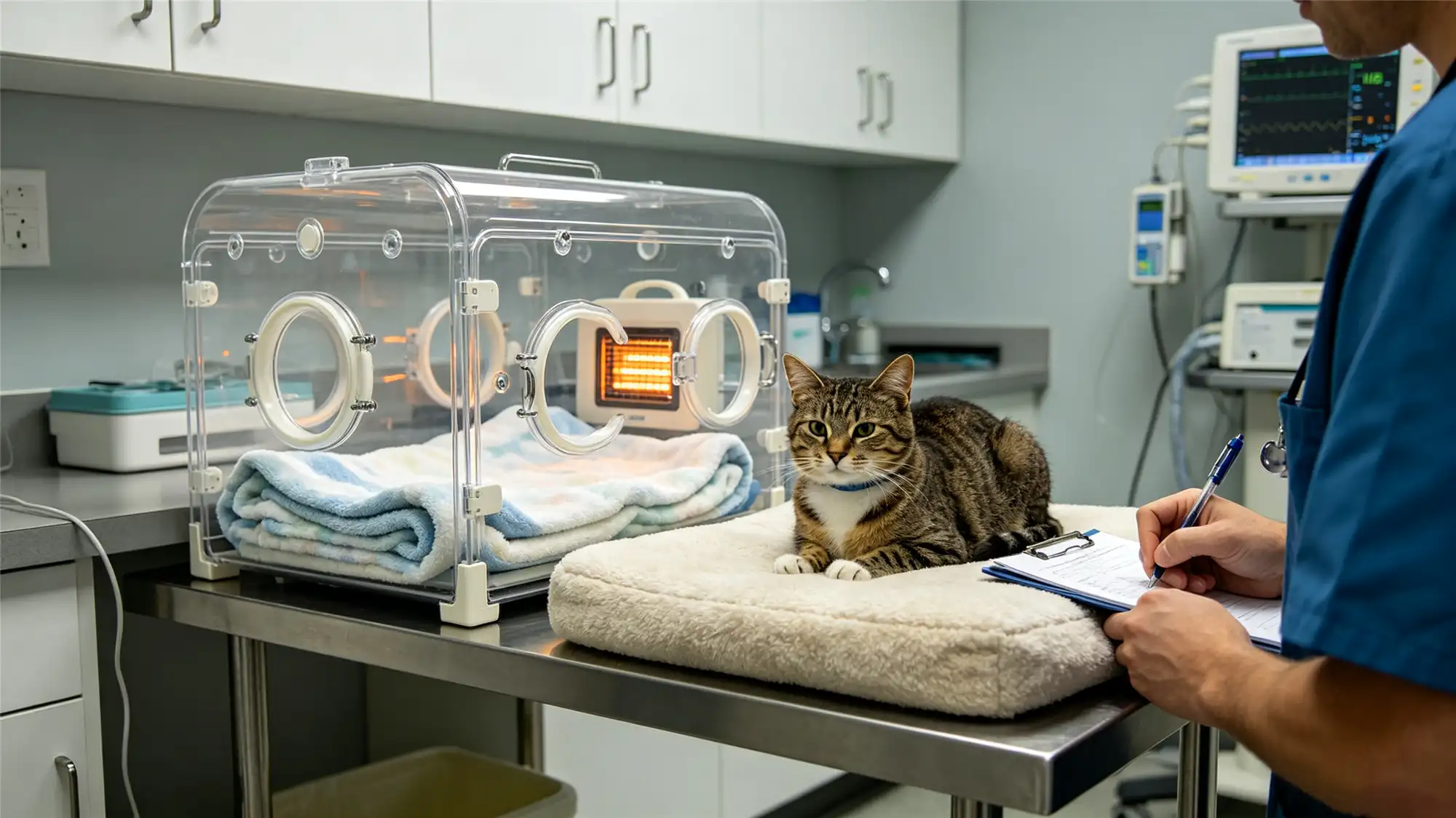 Cat recovering in modern veterinary clinic with medical monitoring equipment