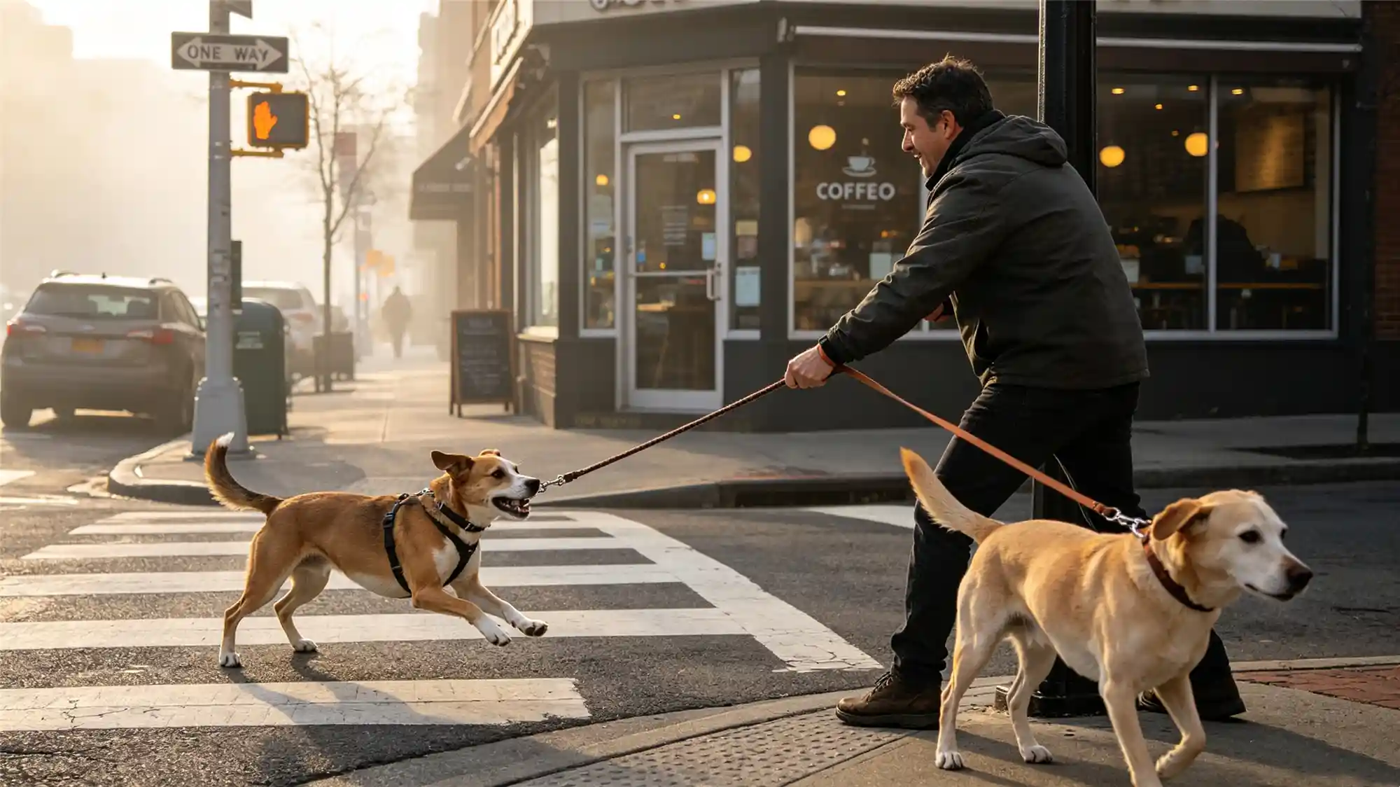 Man walking two dogs calmly across city street using proper leash technique