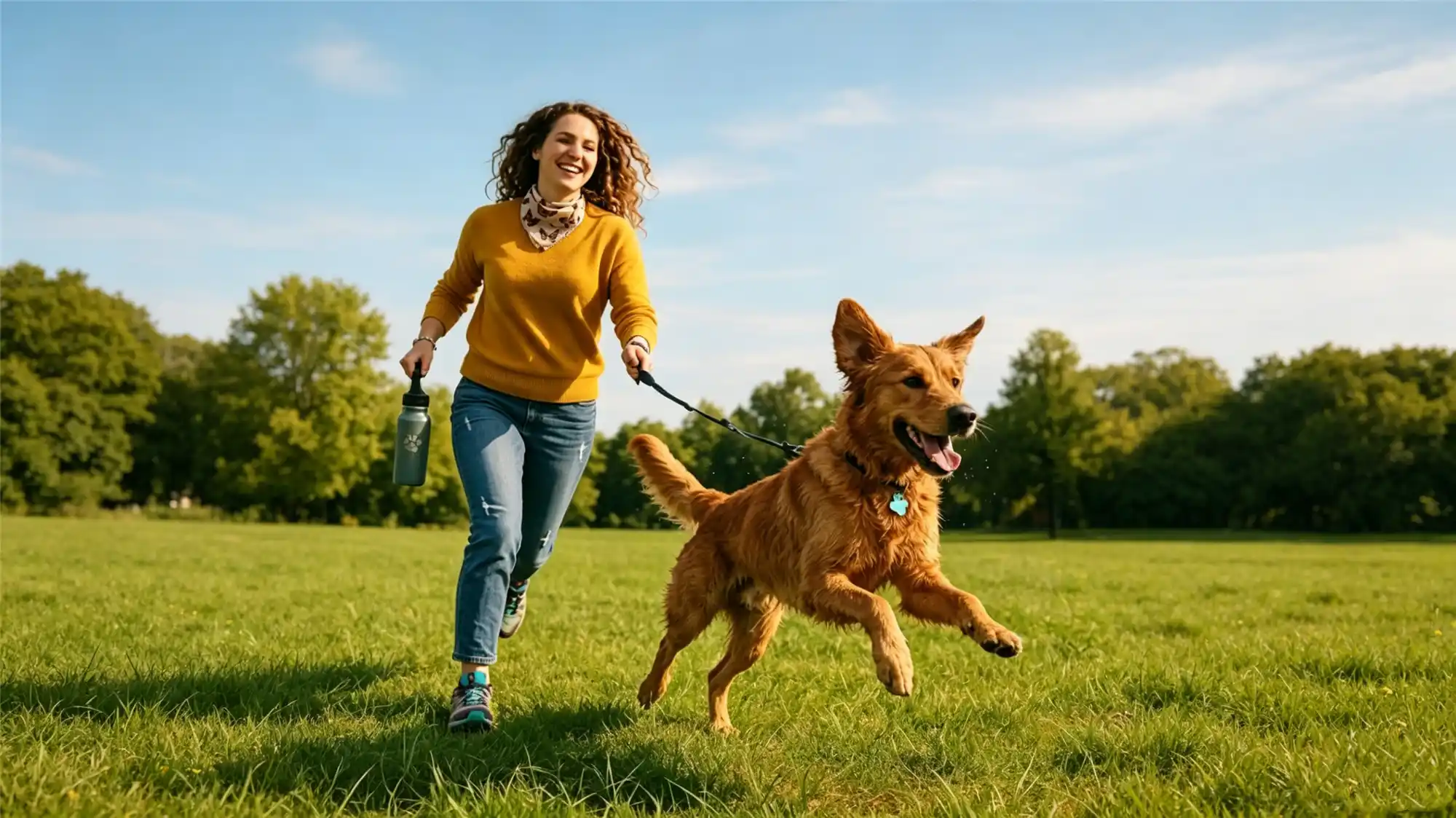 Woman running with golden retriever on green grass field during outdoor exercise session