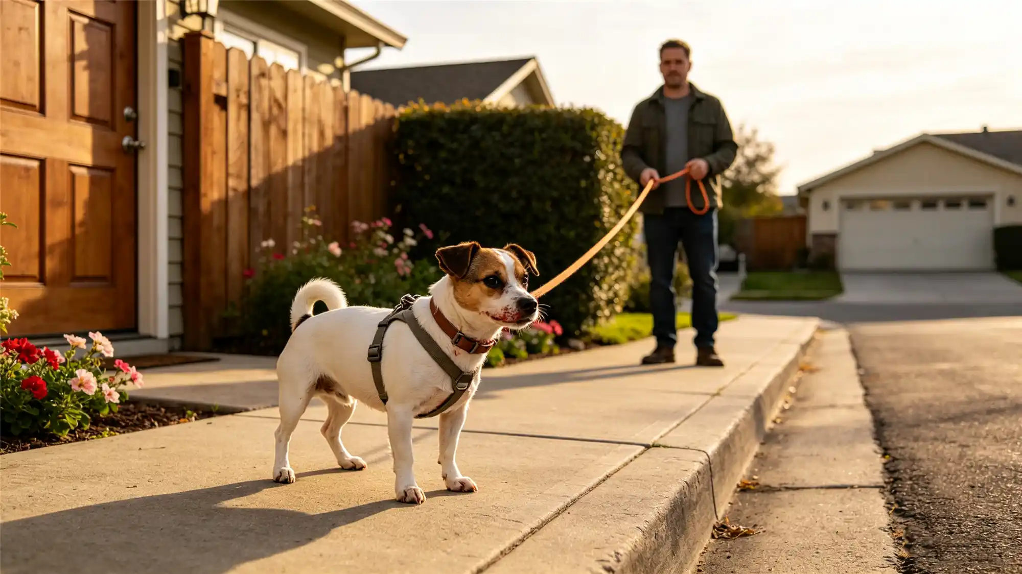 Small dog wearing comfortable harness standing calmly on suburban sidewalk