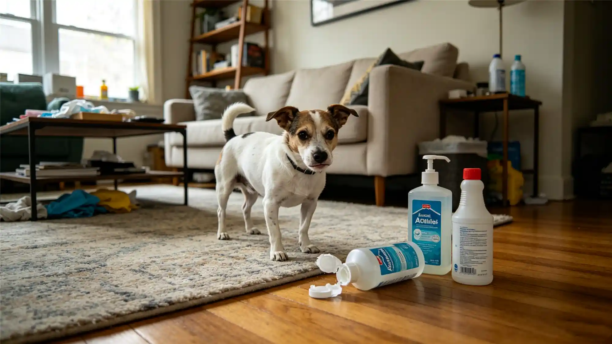 Dog standing near cleaning supplies looking uncomfortable