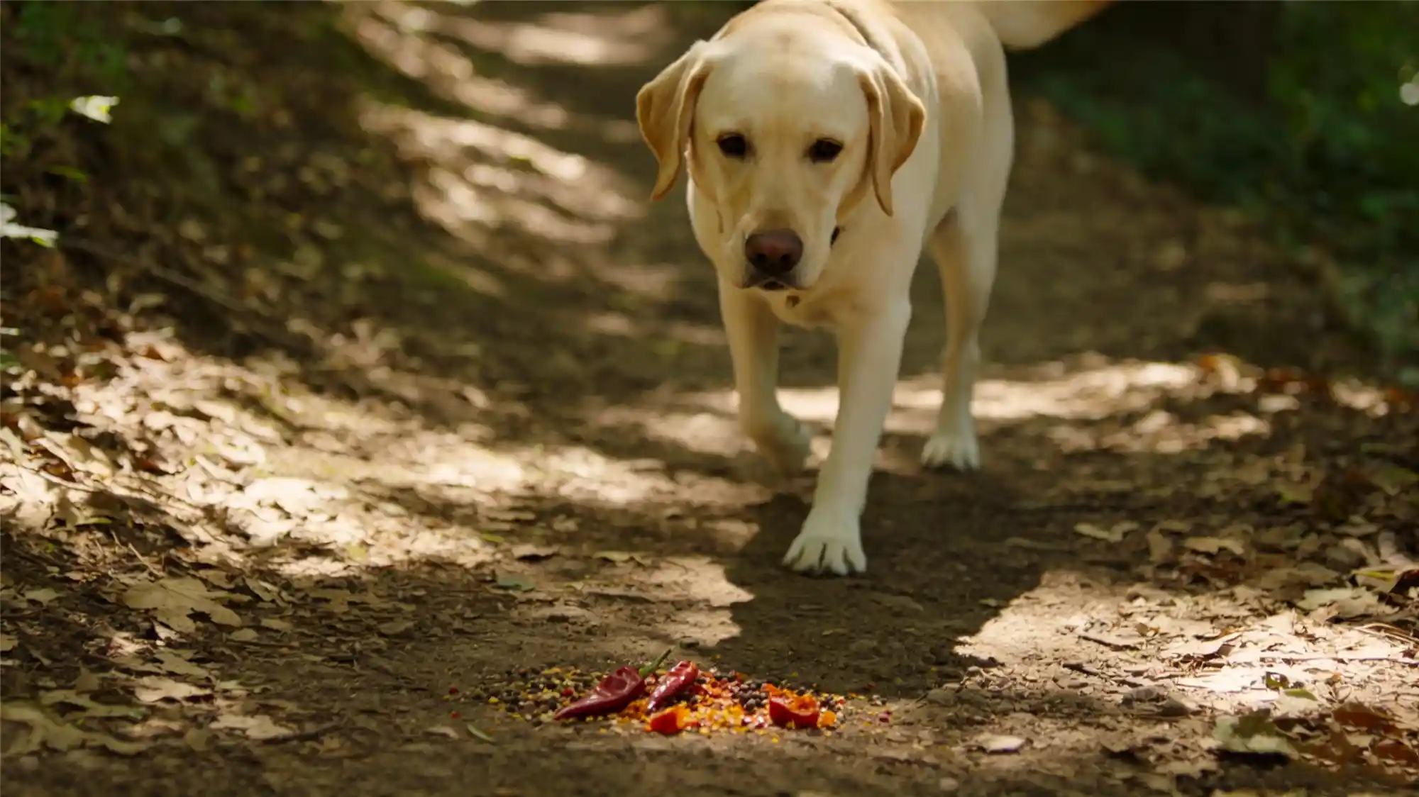 Labrador dog avoiding chili peppers on forest path
