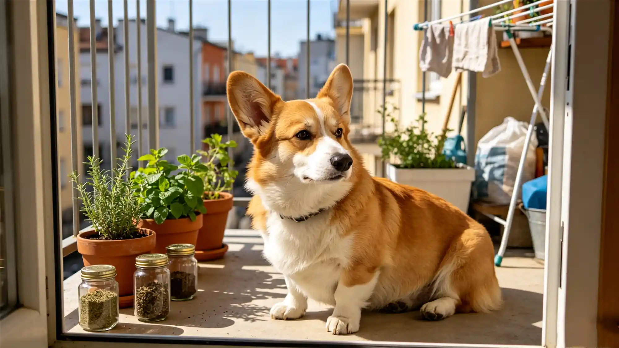 Corgi sitting near potted herbs on sunny balcony