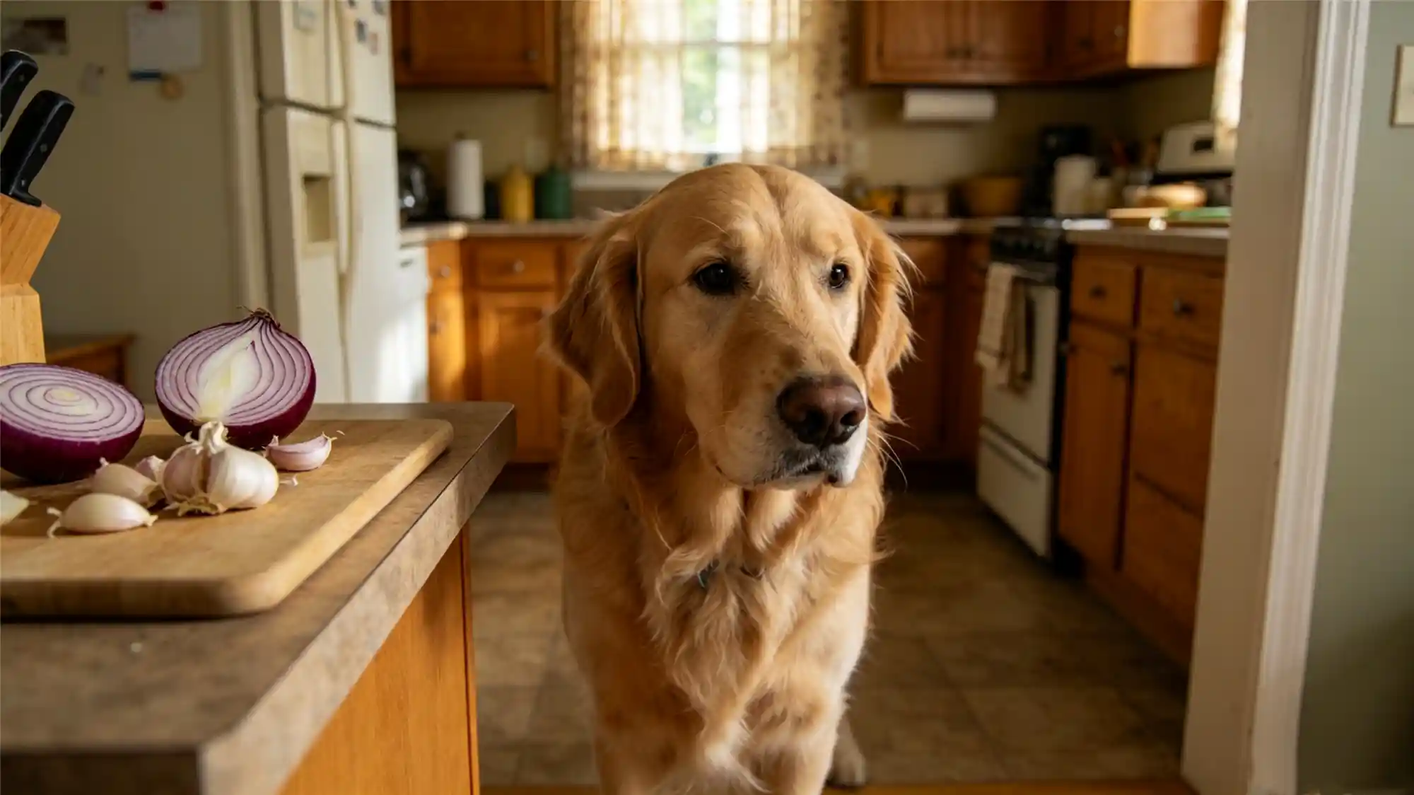 Golden retriever avoiding onions and garlic in kitchen