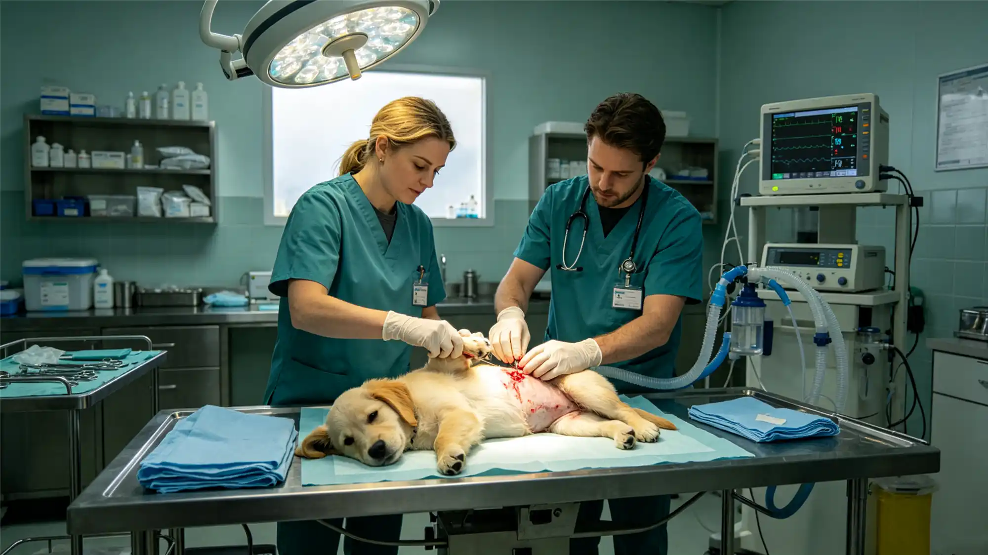 Veterinary surgeons performing emergency surgery on golden retriever in operating room