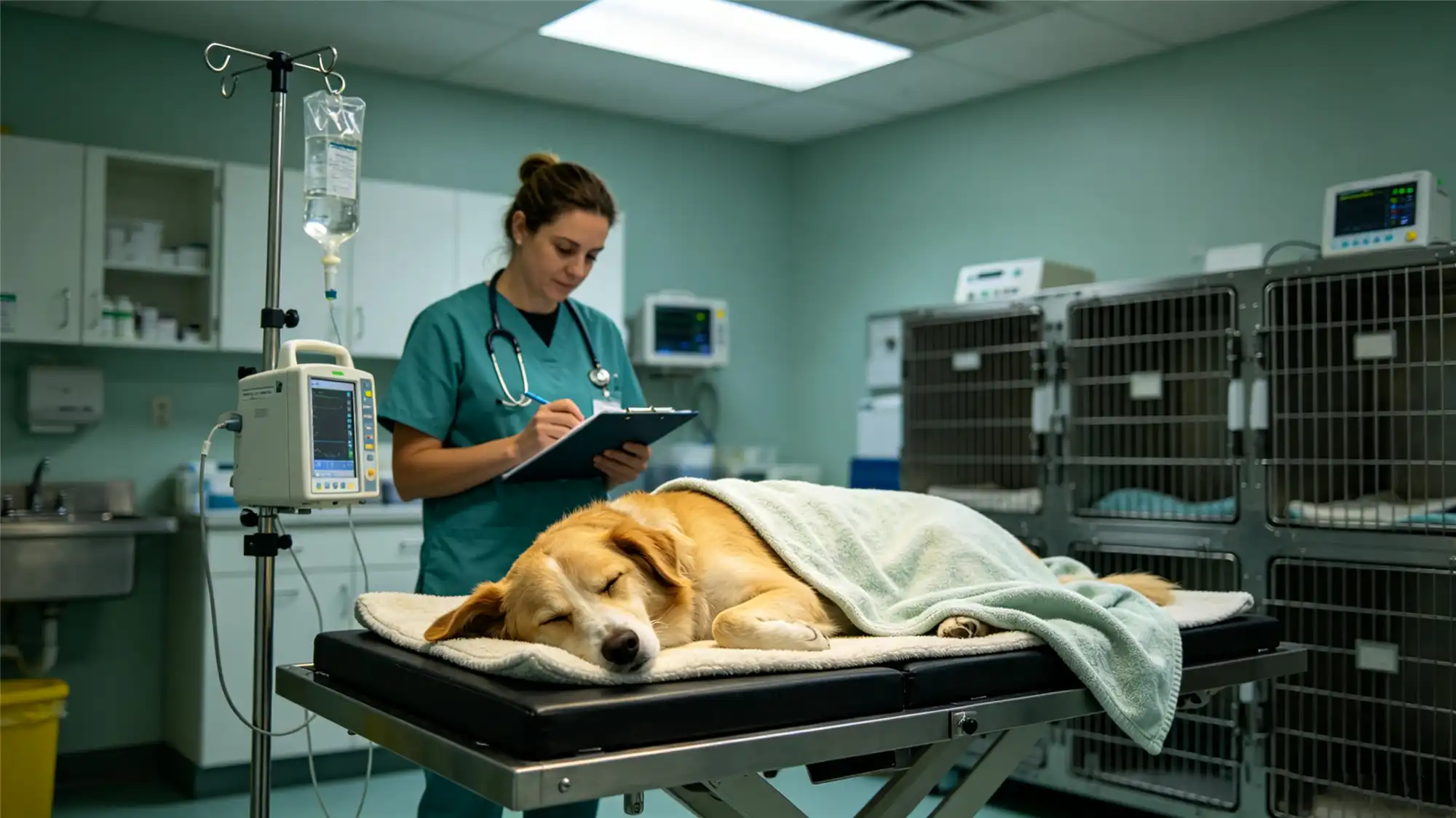 Veterinarian monitoring recovering dog with IV drip and medical equipment