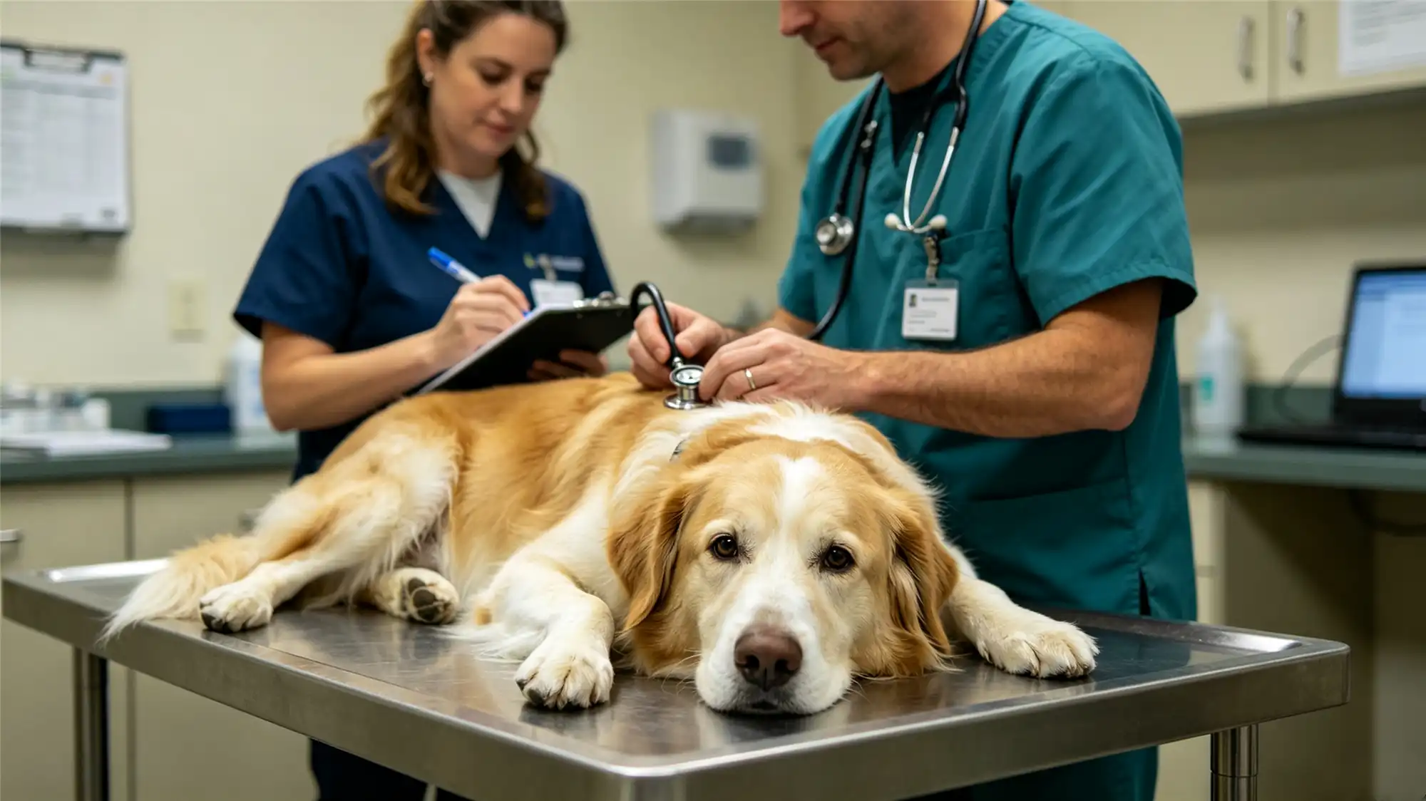 Veterinarian examining dog with stethoscope while assistant records findings